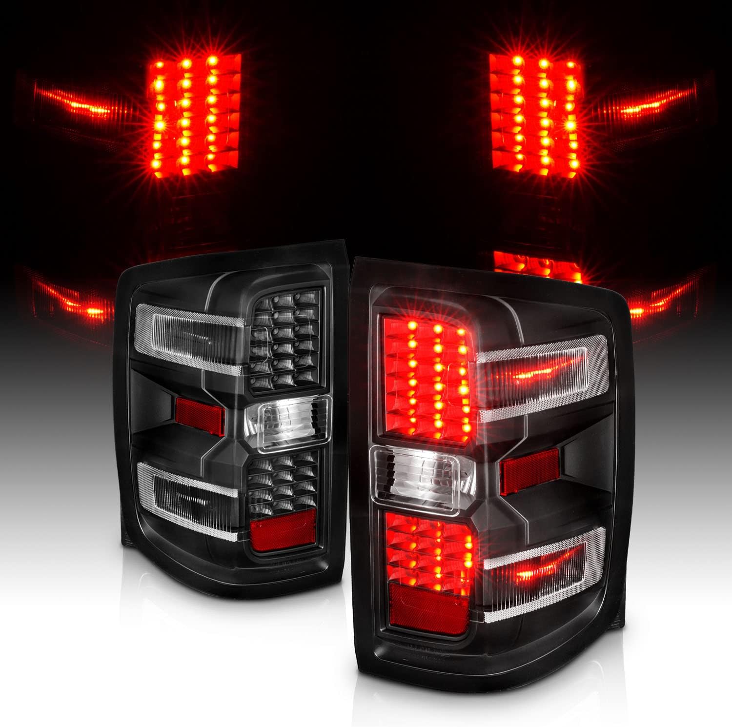AmeriLite for 2014-2019 Chevy Silverado 1500 2500 3500 GMC Sierra 3500HD LED Replacement Black Tail Light Assembly Pair - Passenger and Driver Side