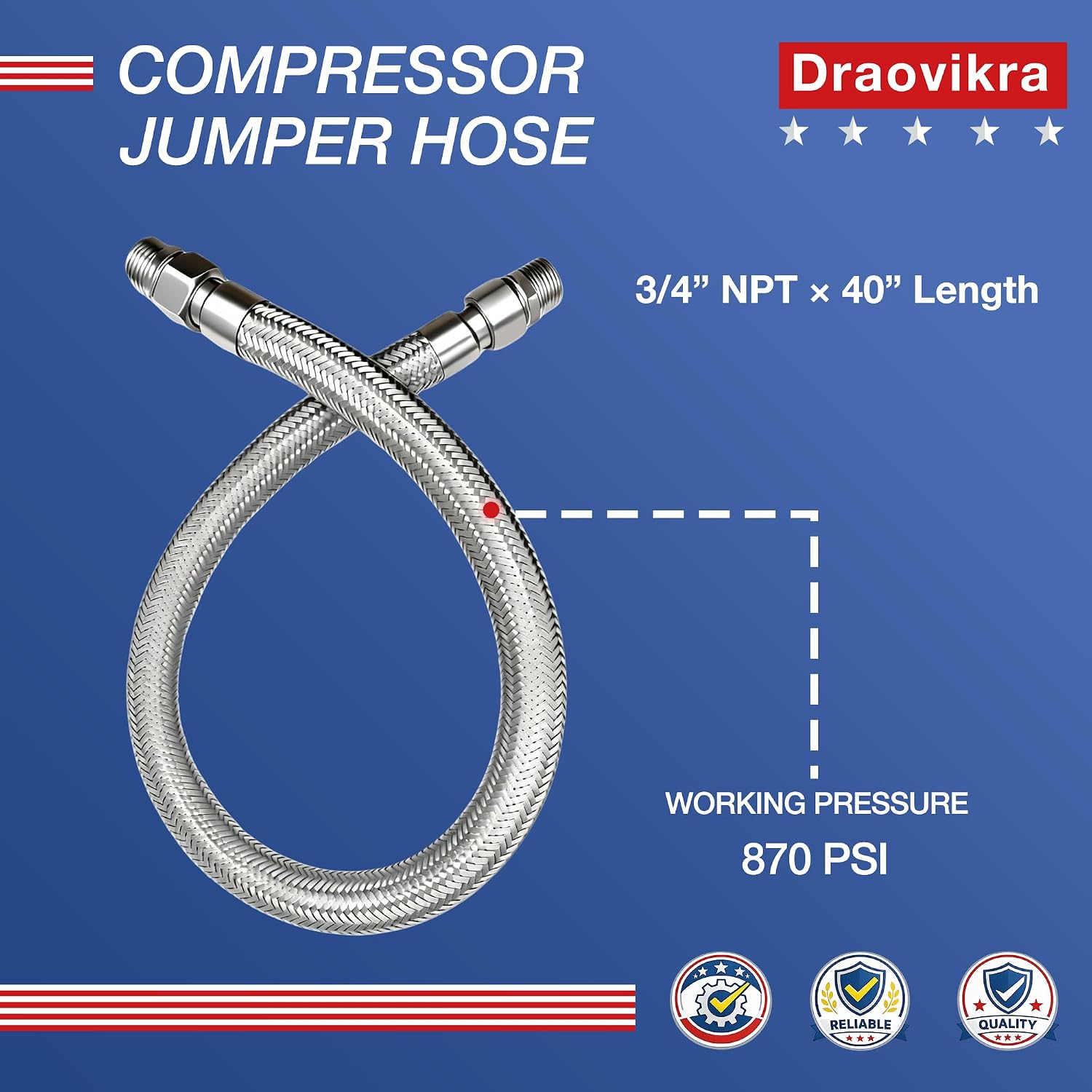 3/4" NPT x 40" Air Compressor Jumper Hose, Stainless Steel Braided, Male x Male Fittings, Flexible High Pressure Connector