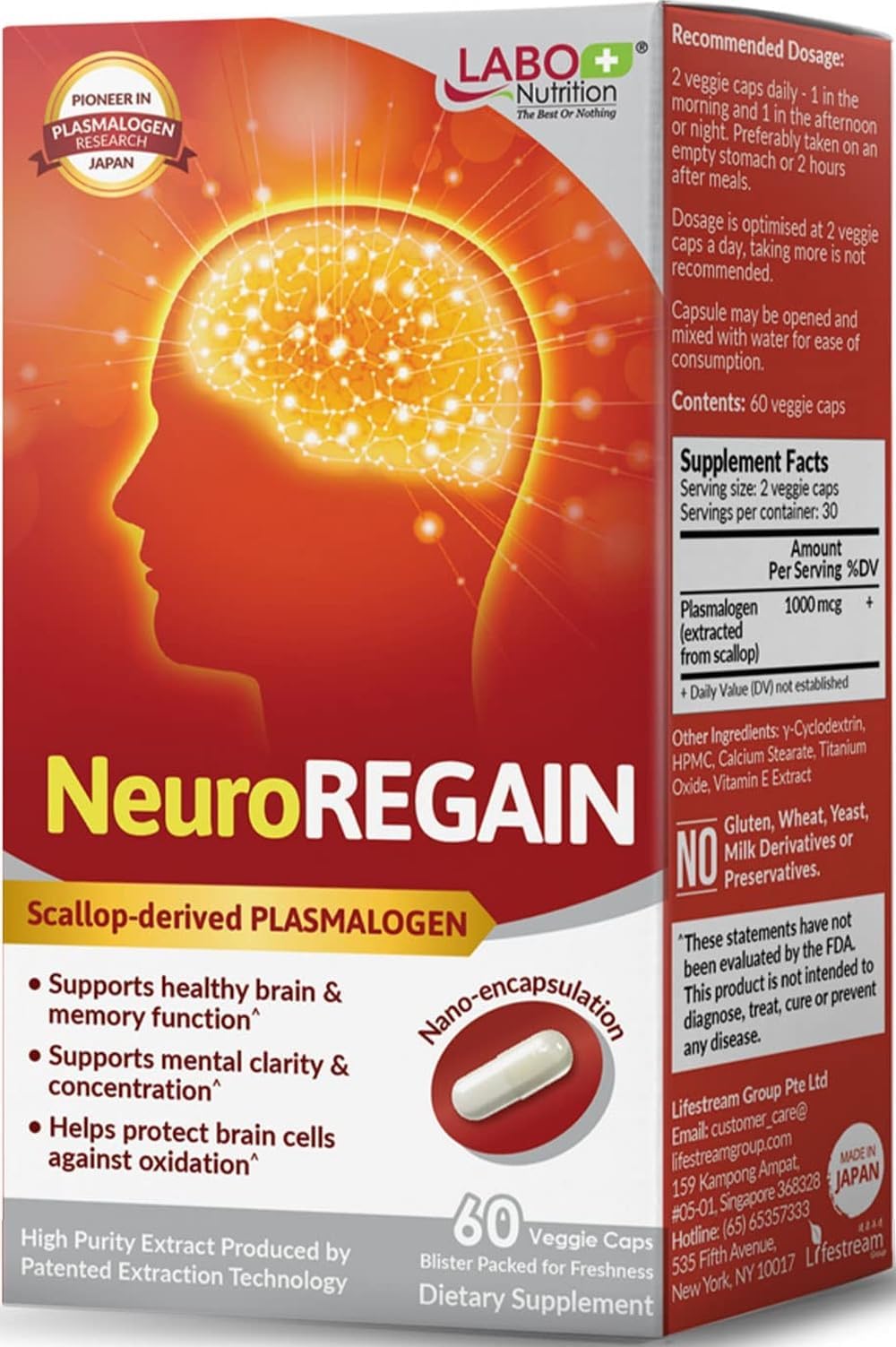 NeuroREGAIN Scallop Plasmalogen - Brain & Memory Support | 60 capsules, scallop-derived plasmalogen, 30 days' supply, for senior brain health, clinically studied formula