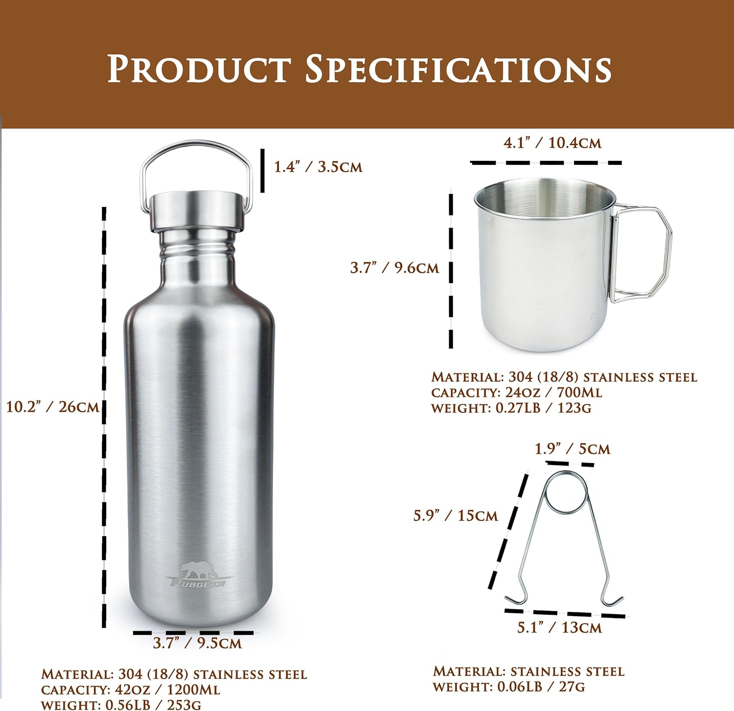 Canteen 42oz Single Wall Water Bottle with 24oz Nested Camping Cup and Carrier Bag, Water Canteen, Bushcraft Gear, Survival Kit, Self Reliance, 304 Stainless Steel - Khaki