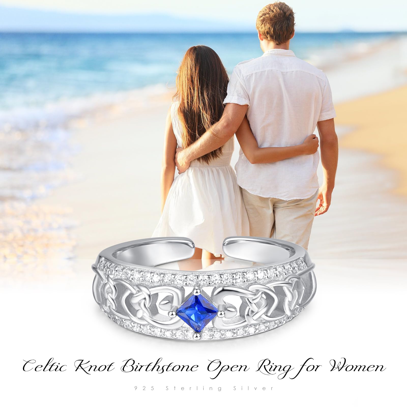 KINGWHYTE Keltischen für Frauen 925 Sterling Silber Keltischer Knoten Geburtsstein Offener Ring Versprechen Verlobungsschmuck Geburtstagsgeschenke für Frauen Mädchen