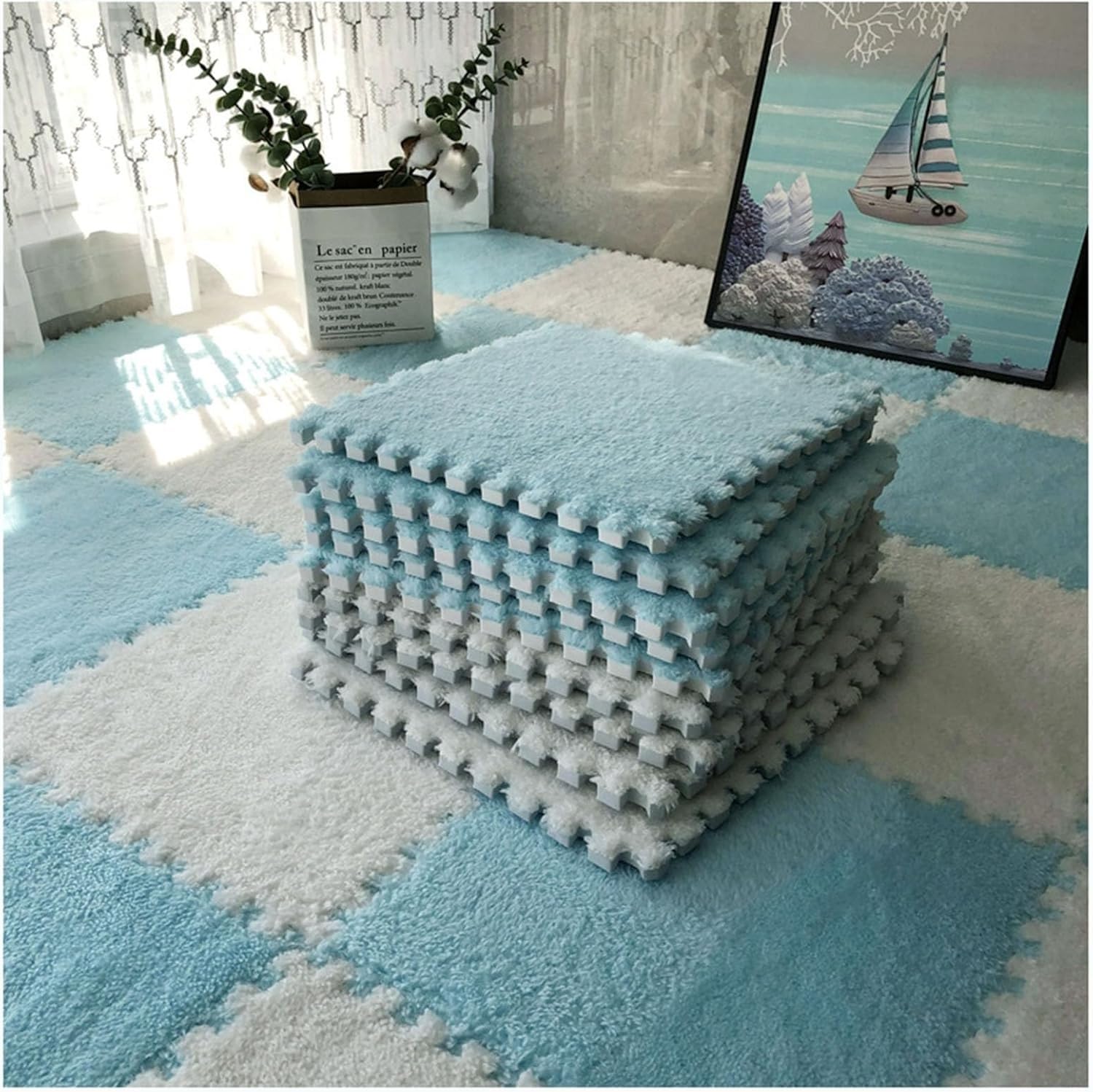 JvFbjLF 20Pcs Interlocking Foam Mats 30x30cm Plush Puzzle Carpet Rugs Play Mat(Light Blue+White)