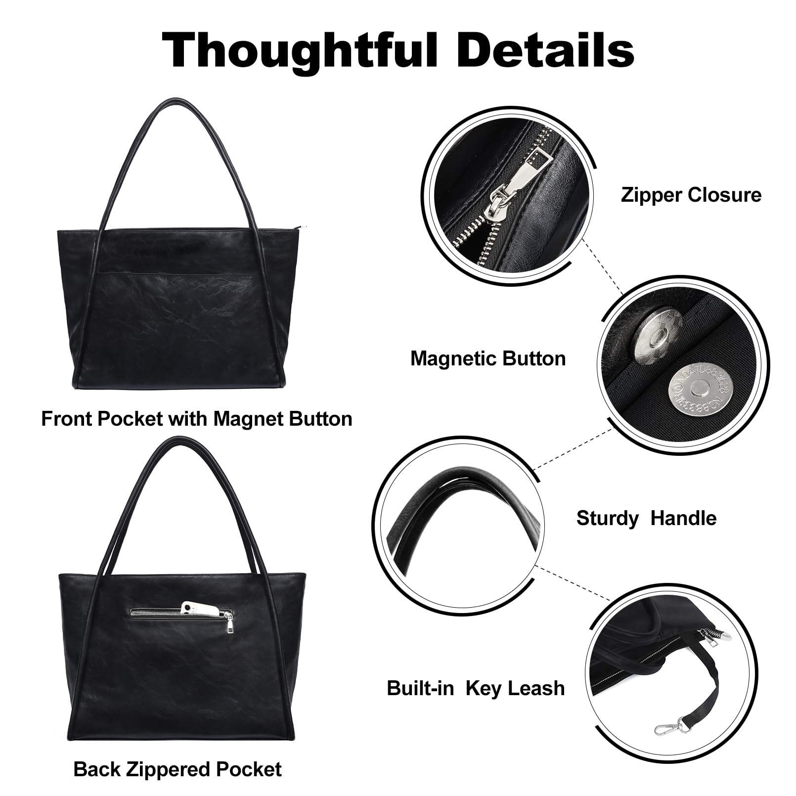 Large Tote Bag for Women Work with Zipper 16L Vegan Leather Ladies Travel Purses and Handbags