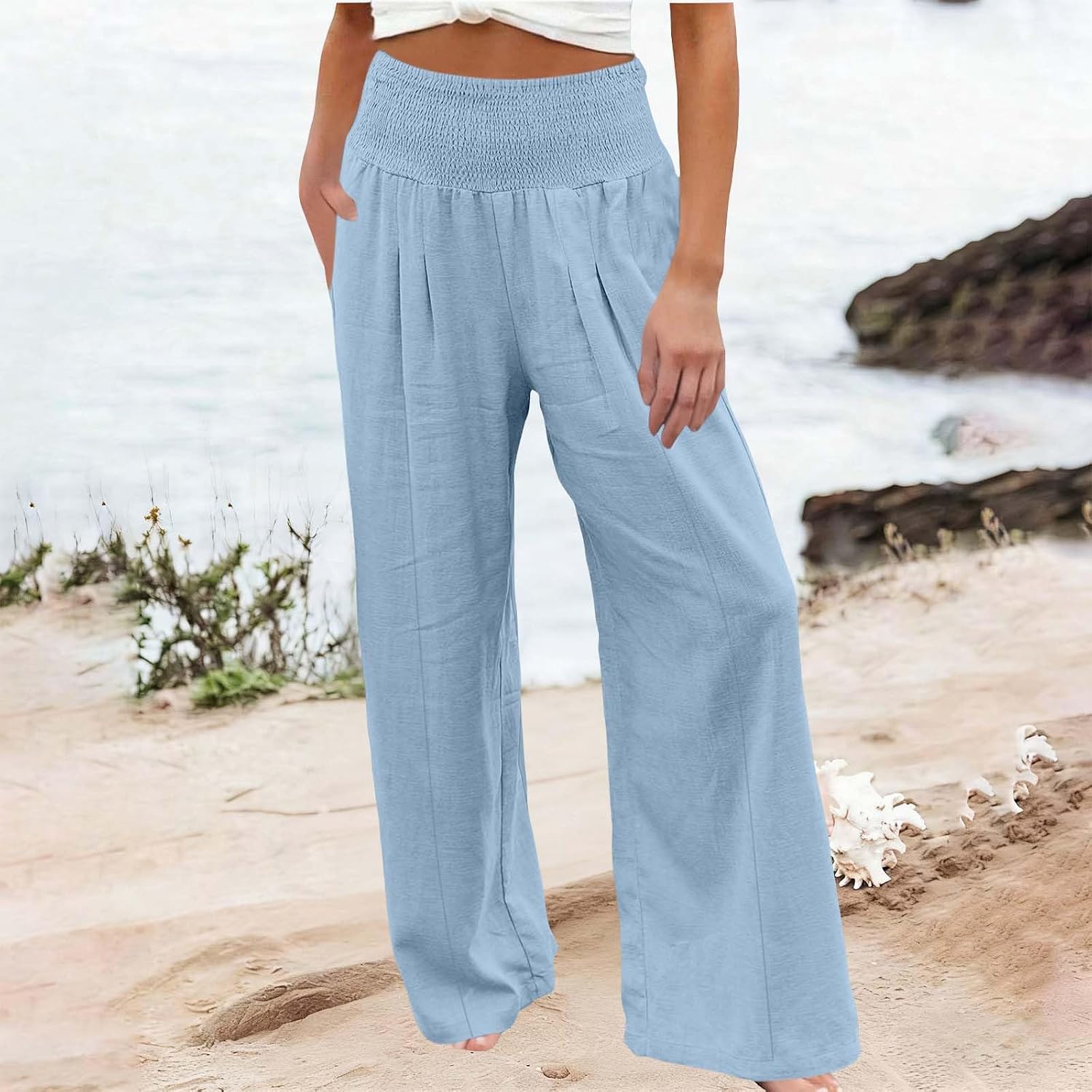 Womens Wide Leg Pants Summer Casual Stretchy Lightweight High Waisted Trousers Work Lounge Pants with Pockets
