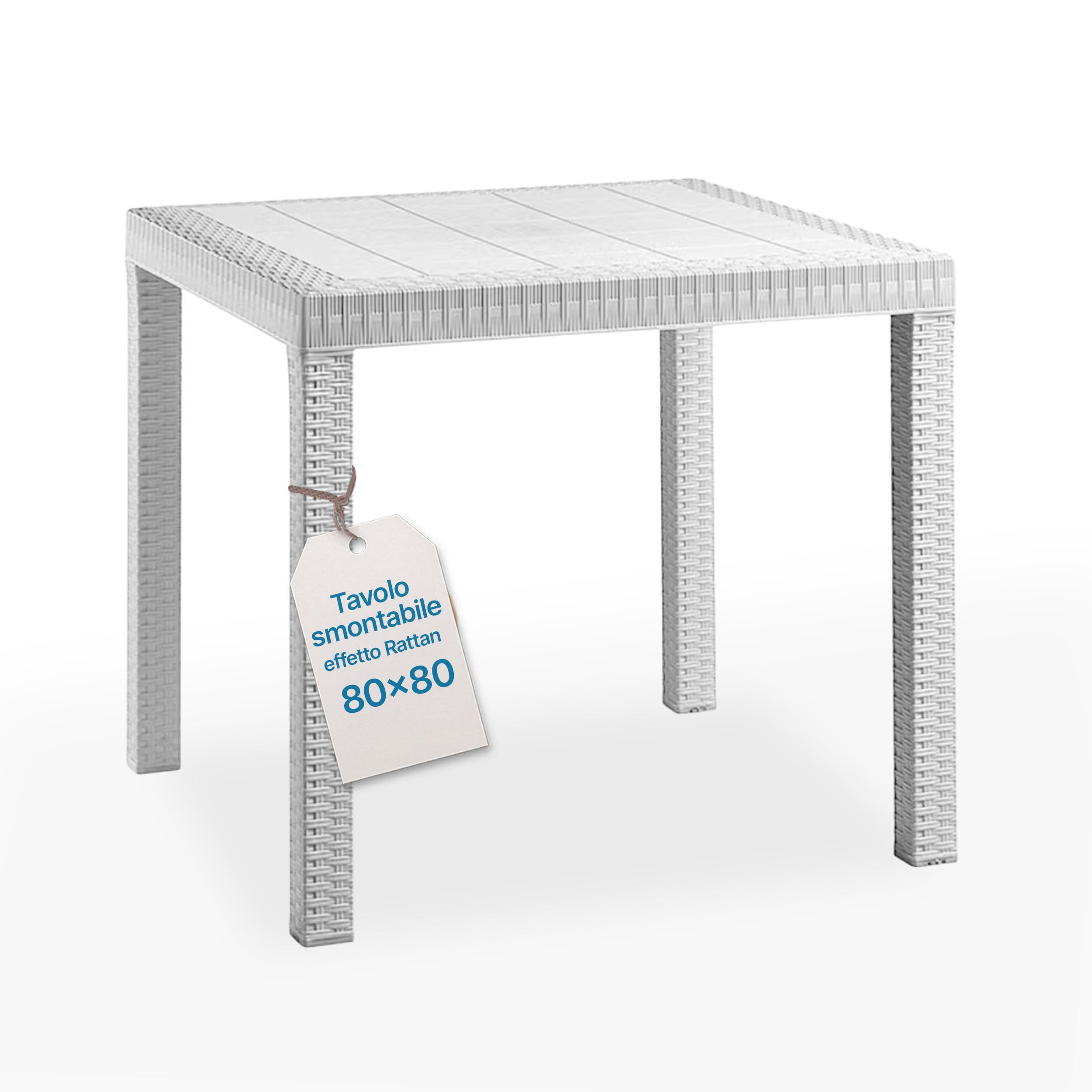 Tomaino - Tavolo da giardino in plastica quadrato 80x80 - Tavolino per esterno 4 posti effetto rattan per casa, bar e ristorante con foro per ombrellone (Bianco)