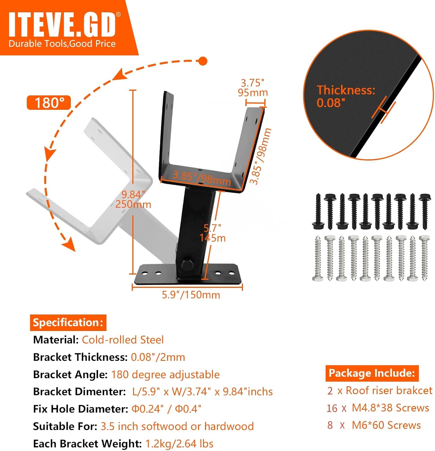 Roof Riser Bracket Kit,Adjustable Angle Roof Riser for 4 x 4 or 6 x 6 Lumber,Metal Roof Riser Beam Bracket for Outdoor Pergola,Porch,Log Cabin W/Hardware - 2Pack…
