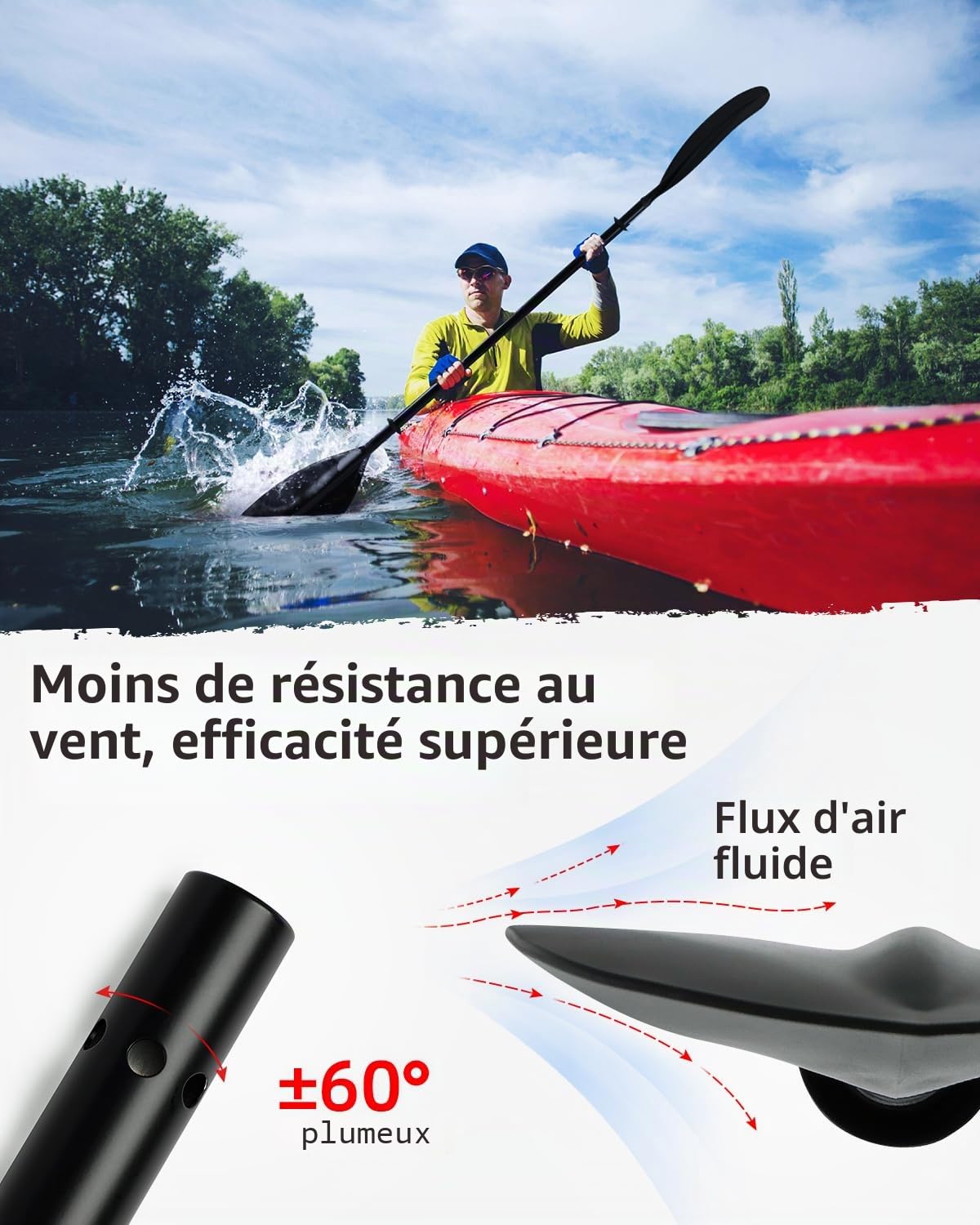 Abahub Pagaie Kayak Réglable 210cm à 230cm Rame Double Paddle Aluminium pour Kayak Aviron Bateau Canoë, Kayak Alliage D’Aluminium Tige Lames en Plastique en 12 Couleurs