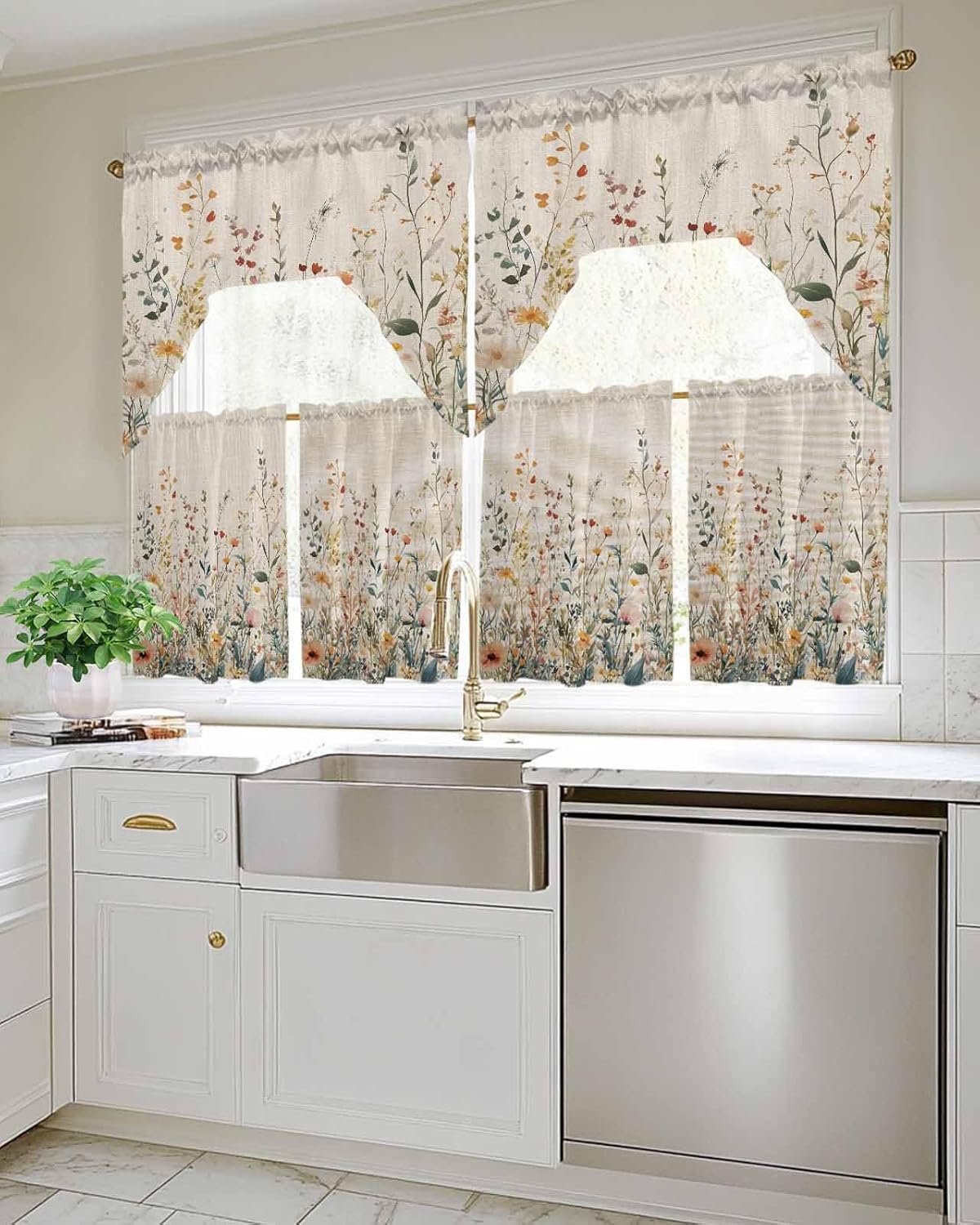 Vintage Botanical Kitchen Curtains Sets for Windows 3 Piece, Spring Floral Summer Botanical Rustic Kitchen Curtains and Valances Tier Set 24 Inch Length Swag Curtain for Living Room Cafe Bathroom