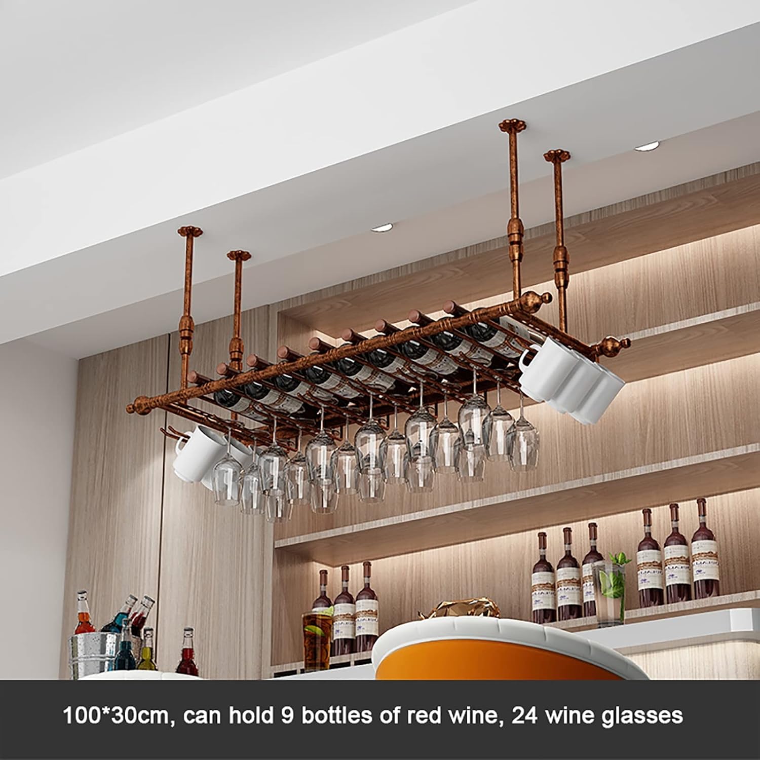 Hanging Wine Glass Holder Ceiling Vintage Wine Rack,Hanging Bar Glass Rack,Bottle Holder Upside Down Stemware Goblet,Adjustable Decoration Shelf for Bars Restaurants Kitchens