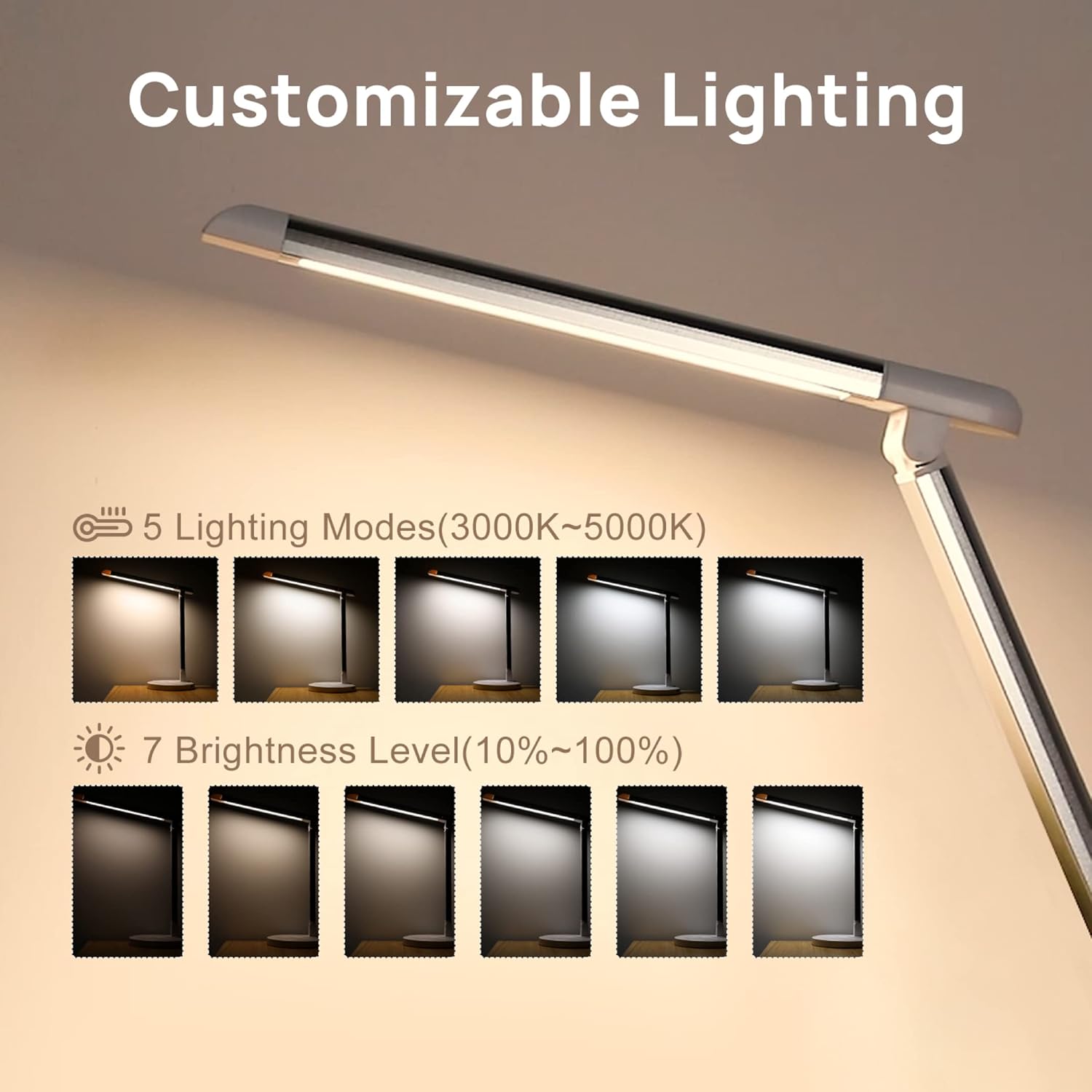 Consciot 12W LED Desk Lamp with USB Charging Port, 5 Lighting Modes 7 Brightness Levels, Dimmable and Adjustable, Touch-Sensitive Control, 30/60 min Auto Timer, White - - 