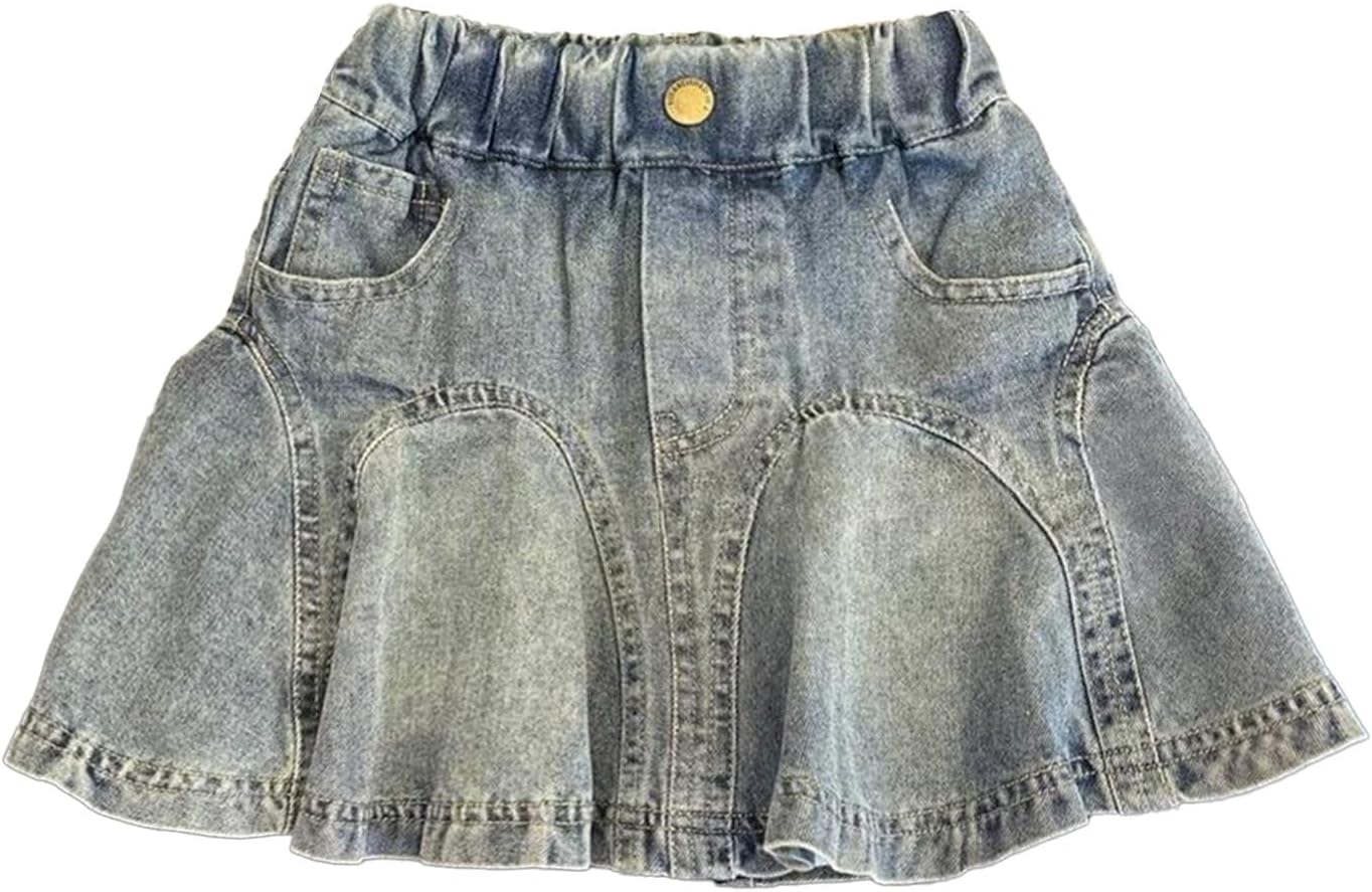 Little Girl's Denim Skirts Short Flared Pleated Toddler Jean Skorts with Lining Shorts Underneath