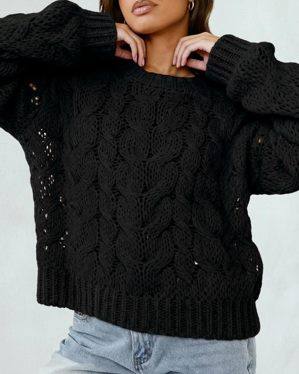 Women's Oversized Chunky Cable Knit Sweater Long Sleeve Crew Neck Crochet Fall Pullover Tops - Image 4