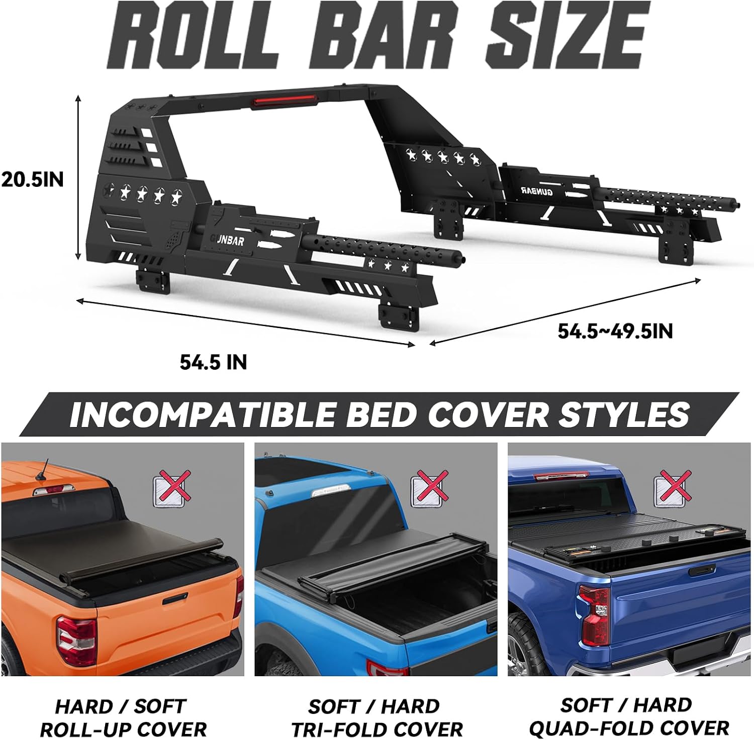 M2-Series Machine Gun Sport Roll Bar | No Drilling | Compatible with Tacoma, Ranger, Colorado, Canyon, Frontier Mid-Size Trucks | Works with T-Slot Tonneau Cover