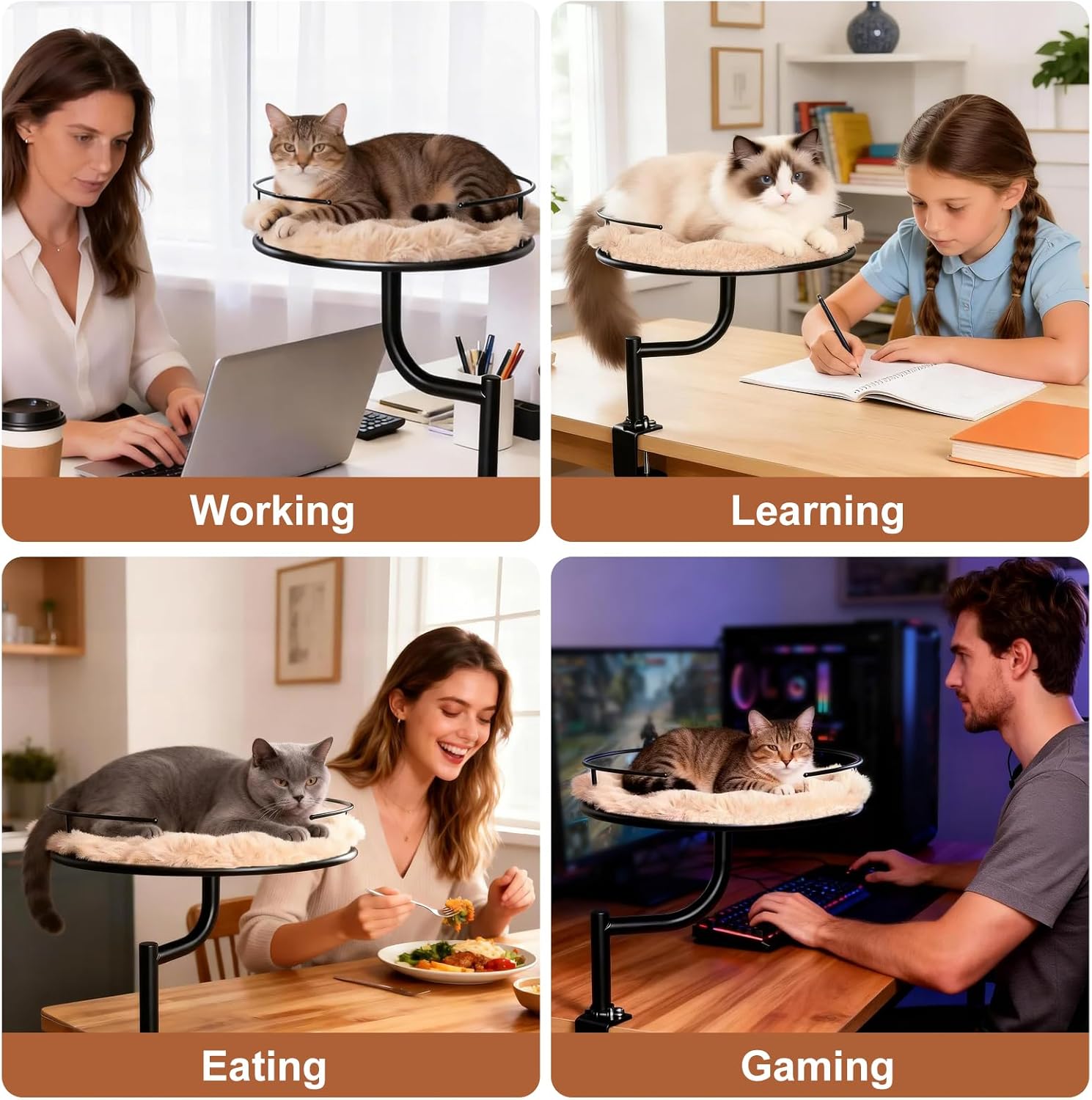 Cat Desk Bed - 360° Rotating & Adjustable Desk Cat Bed Attachment for Small Workspace, Supports 45 lbs, Washable Soft Thick Fur Mat, Large Kitten Nest Furniture for Office Desk Game Table