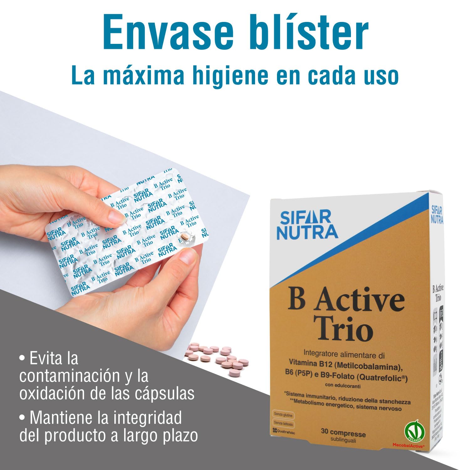 Sifar Nutra B Active Trio | B12 (metilcobalamina), folato y B6 (P5P) | vegano | alta absorción | dosis elevada | inmunidad cansancio función psicológica |90 comprimidos sublinguales I (3 paquetes)