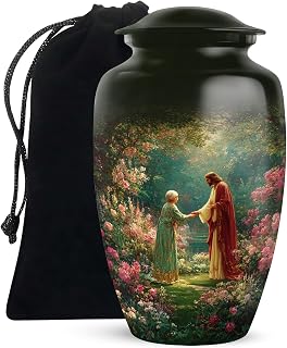Jesus Christ Urn for Ashes Adult Male - Large Cremation Green Urn for Human Ashes Adult Man & Women - Funeral Pink Flower Urn for Memorial Gift - Burial Urns (10 Inch)