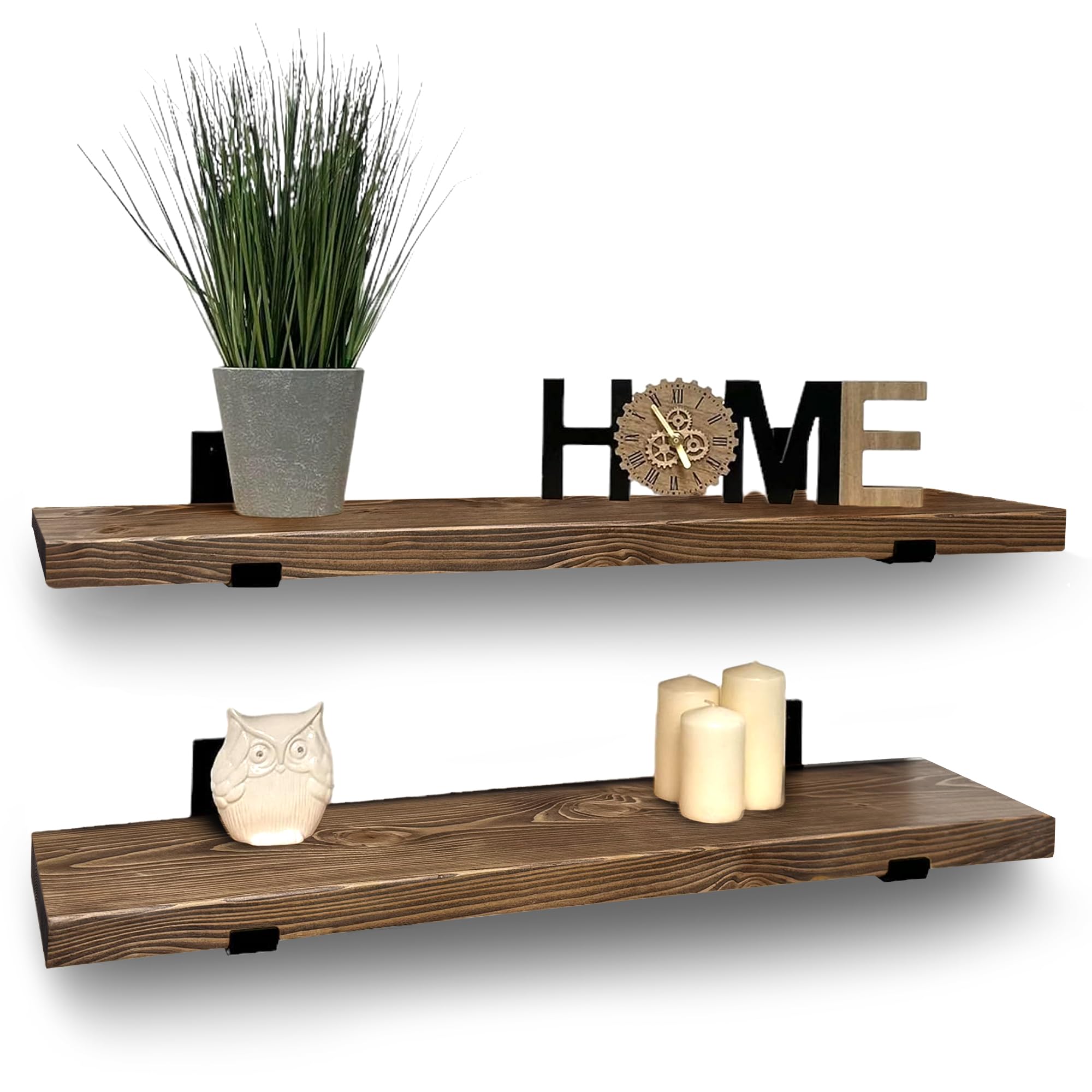 MKGT Handcrafted Rustic Wooden Floating Shelves, Solid Wood, Black L Brackets, Made in UK โ Wall Mounted Shelf (Walnut Set of 2, 40cm) โ image 1