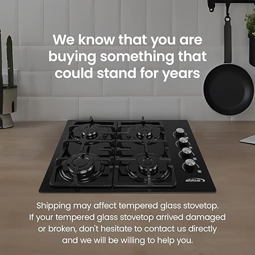 Miniatura 8 de ABBA - Placa de cocina de gas de 24 pulgadas con 4 quemadores, superficie de vidrio templado con quemadores SABAF, estufa de gas natural para