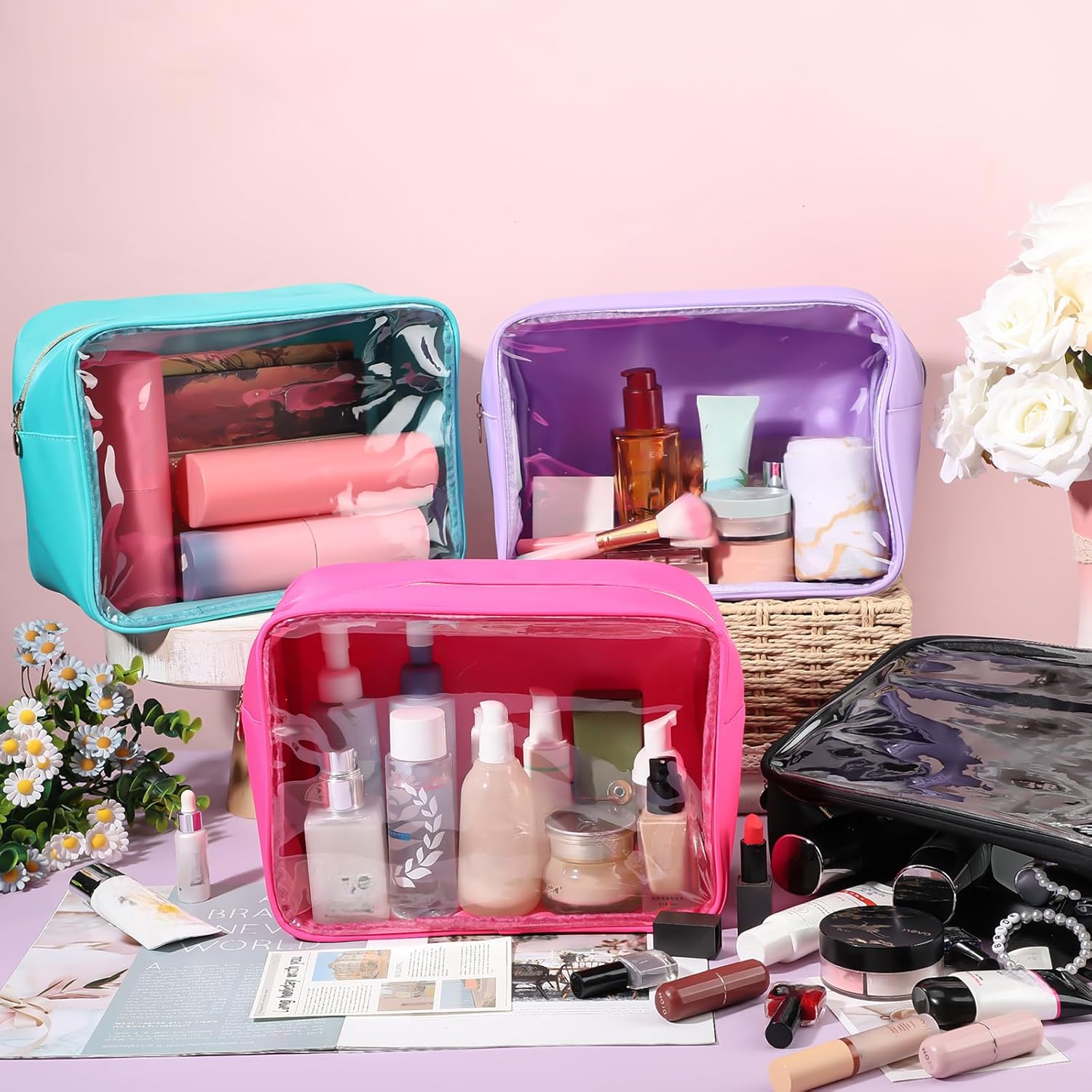 Hushee 4 Pcs Clear Nylon Makeup Bag for Women Gifts Preppy Cosmetic Bag PVC Travel Toiletry Zipper Pouch Waterproof Storage Organizer Pouch for Women(Large)