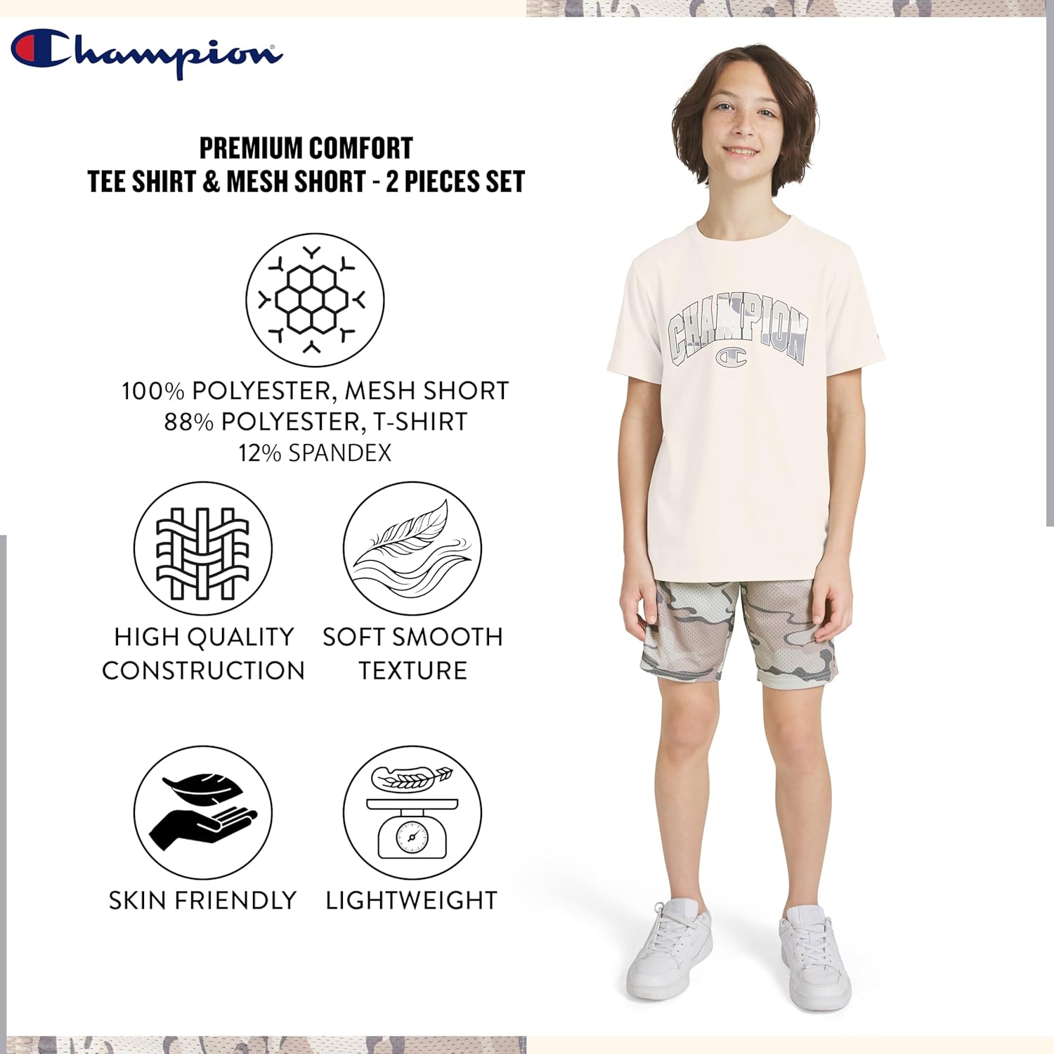Champion Boys 2 Piece Short Sleeve Shirt and Mesh Shorts Sets