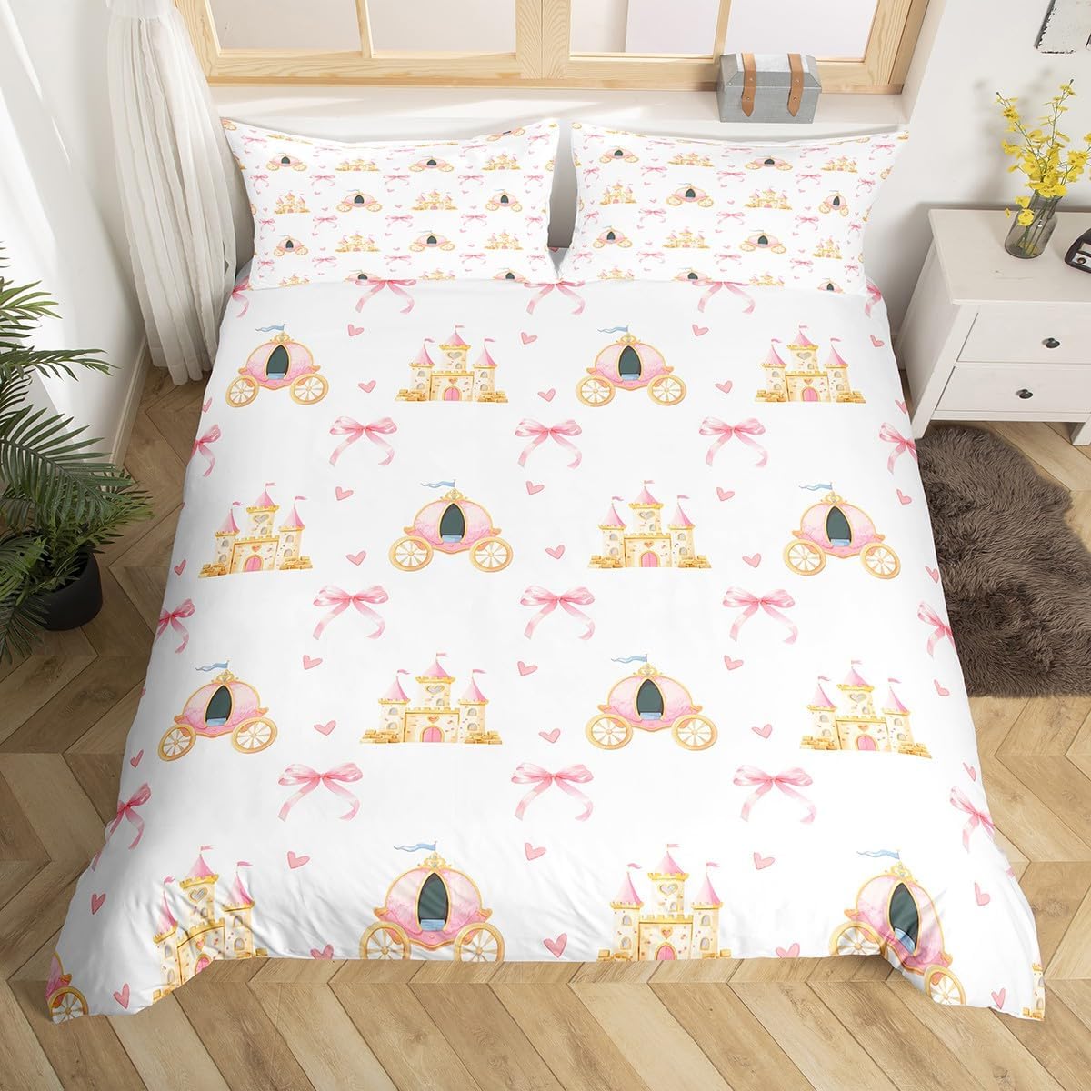 Princess Toddler Size Duvet Cover,Fairy Tale Castle Carriage Fantasy Bowknot Duvet Cover for Kids Teens All Season,Dreamy Pink Bow Love Hearts Bedding Set,No Comforter
