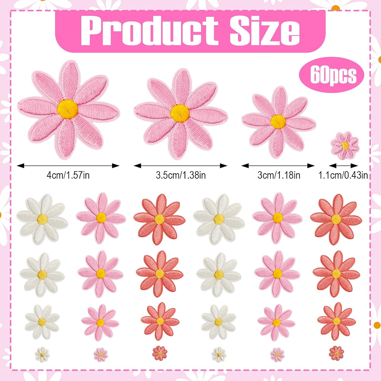 60 Pcs 4 Sizes Daisy Flower Iron on Patches Daisy Floral Embroidered Patches Colorful Flower Applique Patches Cute Sew On Patches for Clothes Hats Bags Jackets Jeans DIY Decoration