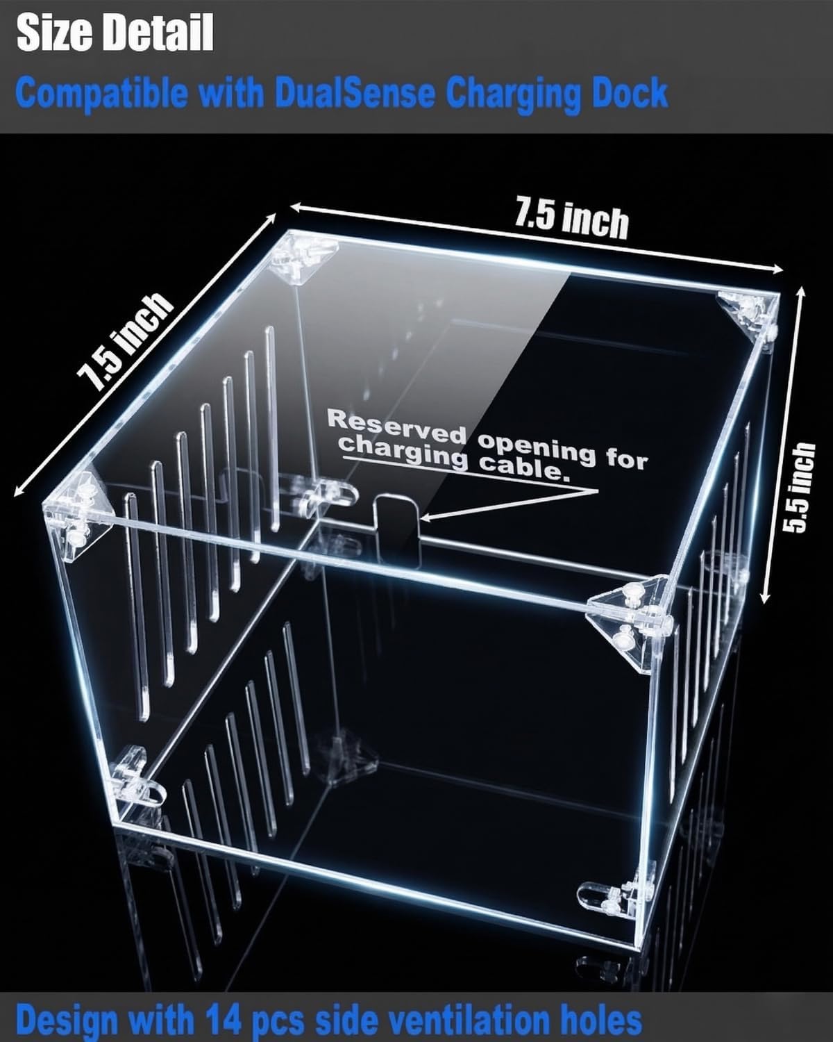 Acrylic Dust Cover Compatible with PS5 Controller Charging Dock | Clear 5-sided acrylic cover fits two controllers on a charging dock; 14 vents, cable access, tool-free assembly.
