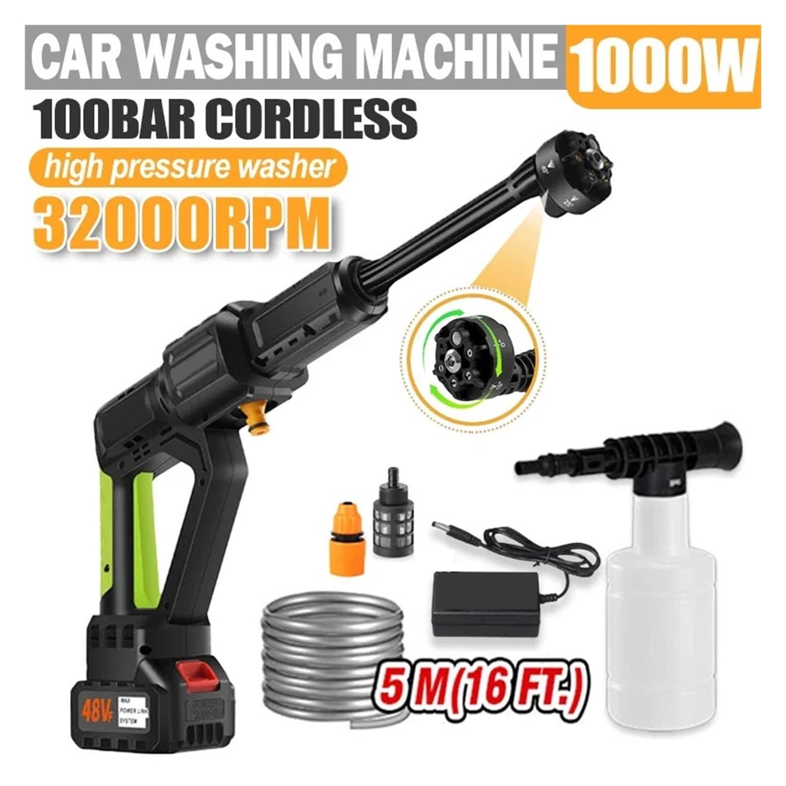 Pistola pulverizadora con manguera Boquilla, Boquilla recargable de alta presión la espuma 6in1 lavadora 100BAR 1000W del coche sin cuerda cepillo