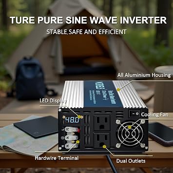 WZRELB 3000W Pure Sine Wave Inverter, Car Power Inverter 48V DC to 110V 120V AC Converter for RV, Truck, Solar, Outdoor with Dual AC Outlets, Hardwire Port, Surge 6000W, LED Display,Off-Grid
