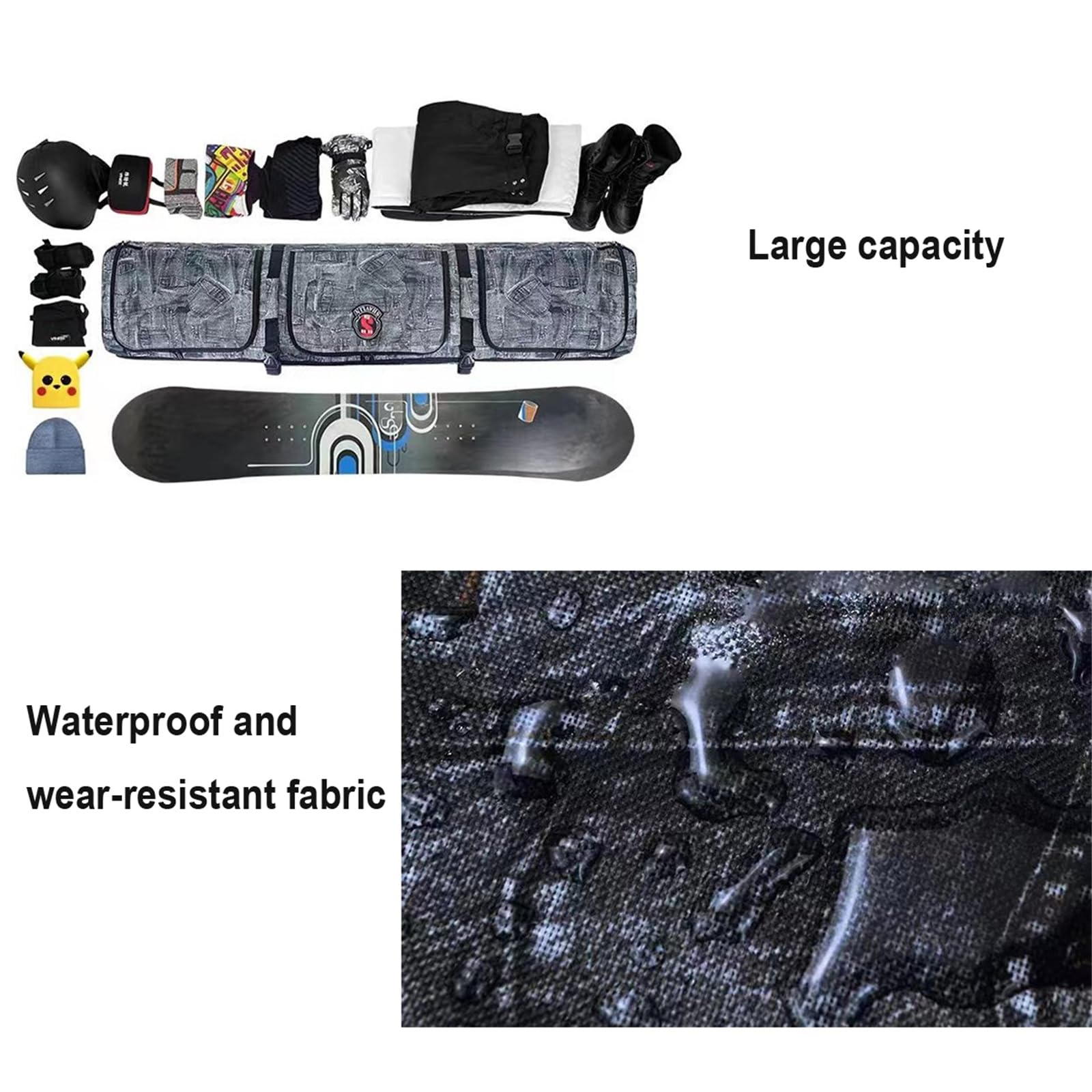 Sac de Snowboard rembourré à roulettes Sac à Skis à roulettes Double Sac à Skis Pliable à roulettes Sac de Voyage pour Snowboard Simple et Chaussures de Snowboard, Casque