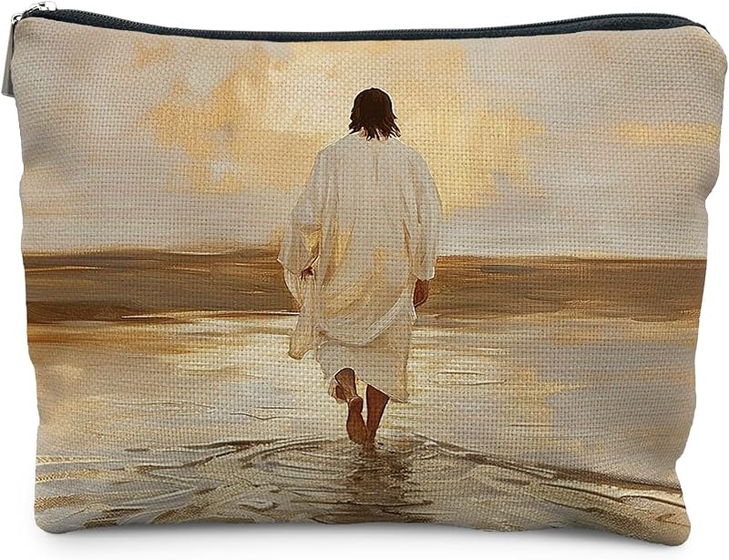 Jesus Walking on Water Christian Makeup Bag for Women, Religious Gifts for Women Christian, Bible Verse Jesus Cosmetic Bag for Purse, Religious Makeup Zipper Pouch
