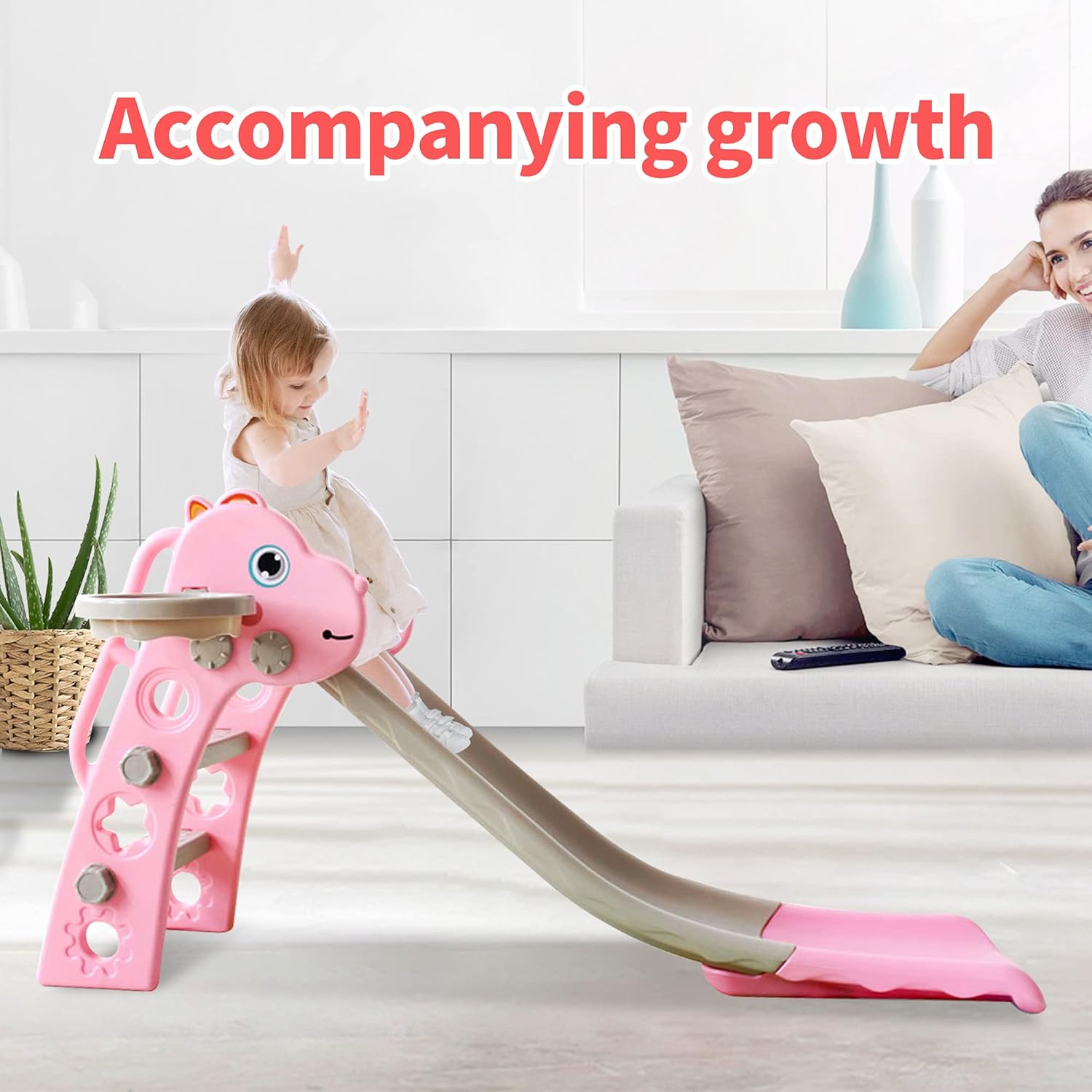 Children Slide Set 2021 Toddler Playground Set with Basketball Hoop for Indoor and Outdoors (Dino Pink) : Toys & Games