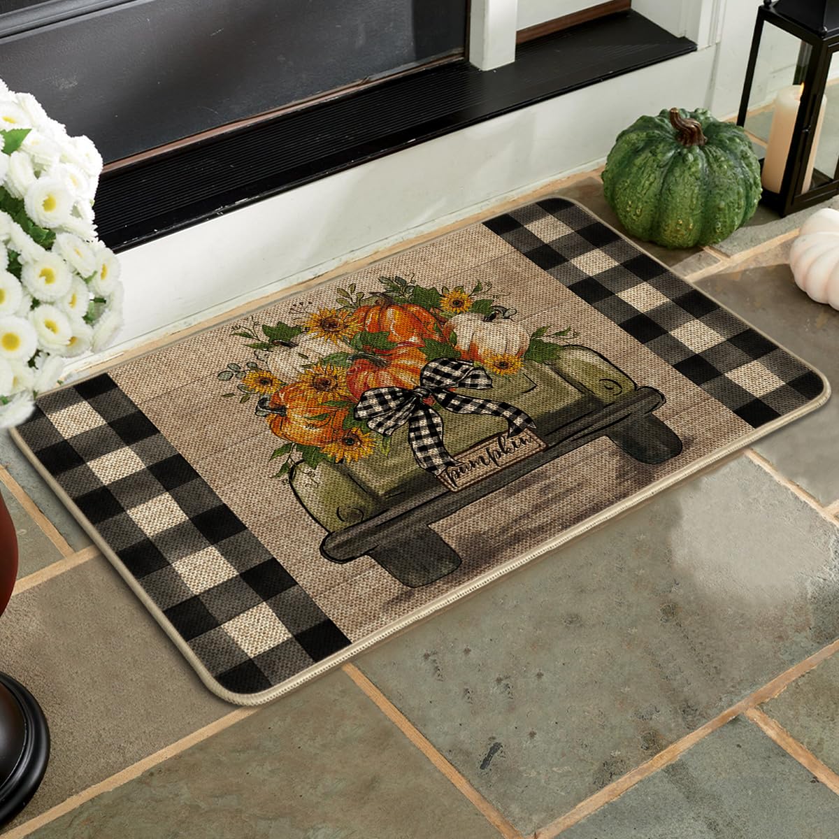 Fall Doormat – Cute Pumpkin & Black Cat Design, 17x29 Inch, Low-Profile, Non-Slip For Indoor/Outdoor