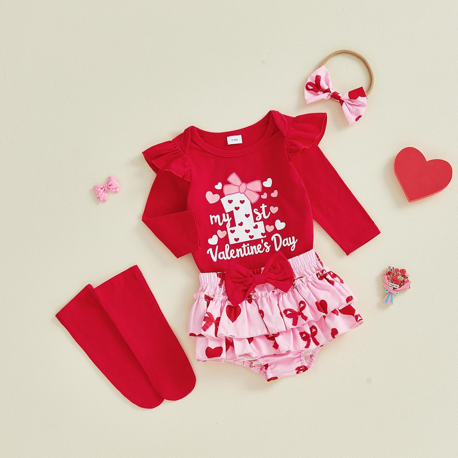 My First Valentines Day Baby Girl Outfit Newborn Ruffle Long Sleeve Romper Heart Tutu Skirt Headband Socks 4Pcs Set