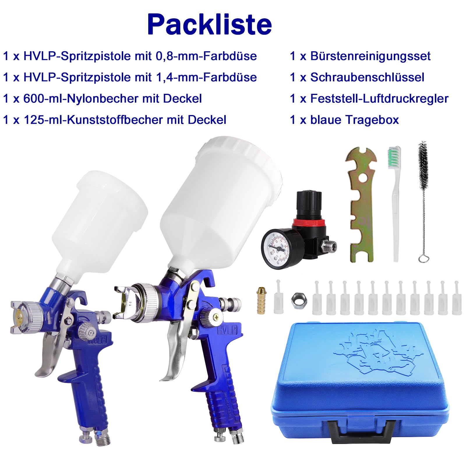 HVLP - Set di 2 pistole a spruzzo da 0,8 mm, 1,4 mm, ugelli ad aria a gravità, pistola nebulizzatrice, kit di strumenti di verniciatura a spruzzo per auto, mobili, pittura, nebulizzatore manuale