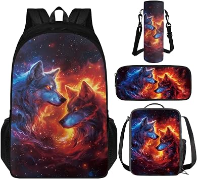 Wolf Bookbag Set for Boys School Backpack Set for Boys 10-12 with Lunch Box and Pencil Bag Large Capacity Backpack Set with Water Bottle Holder for Students Back to School Gift