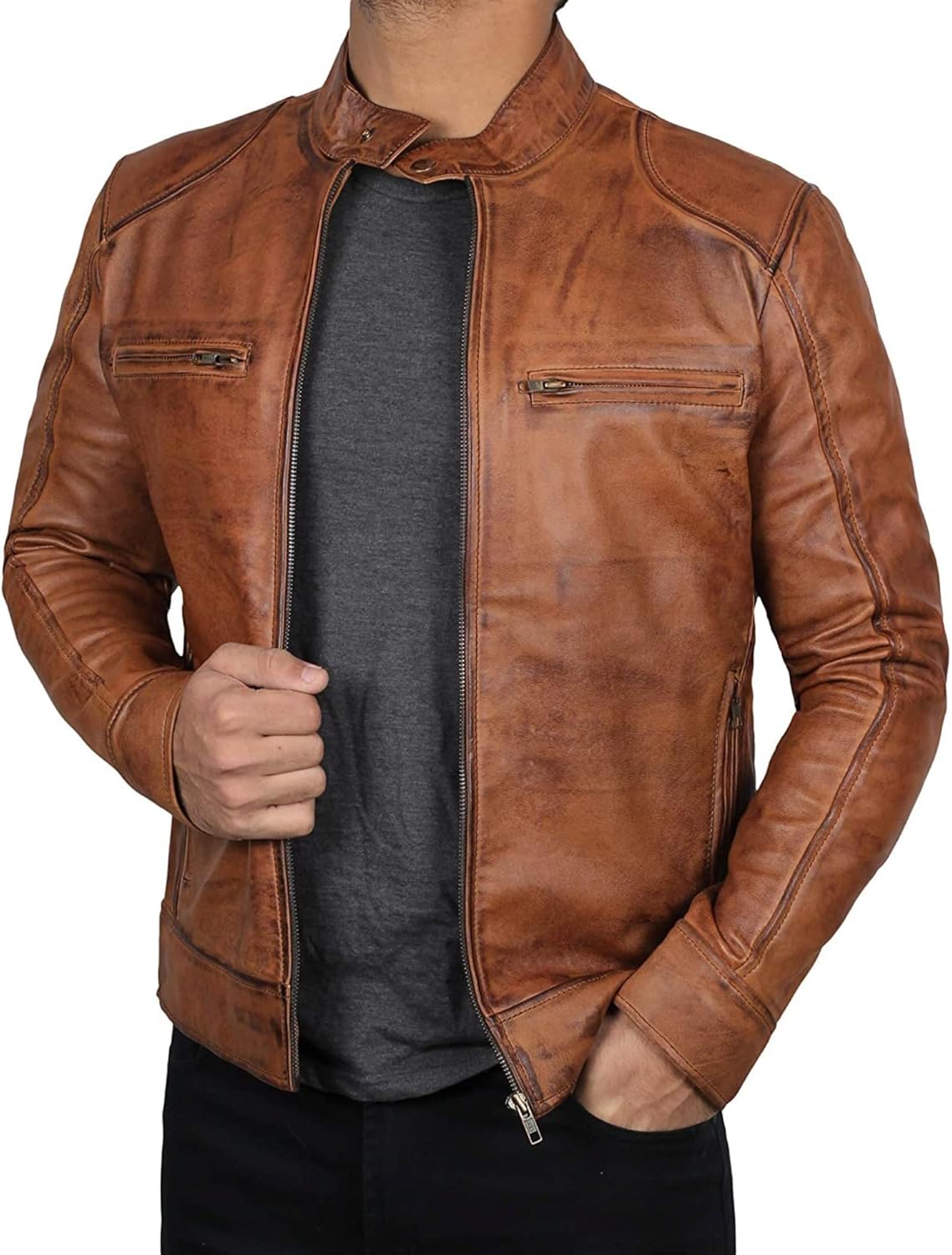 JEShifangjiusu Mens Faux Leather Cafe Racer Biker Jacket Retro Moto Style Vintage Jackets Zip Up Quilted Jacket for Men