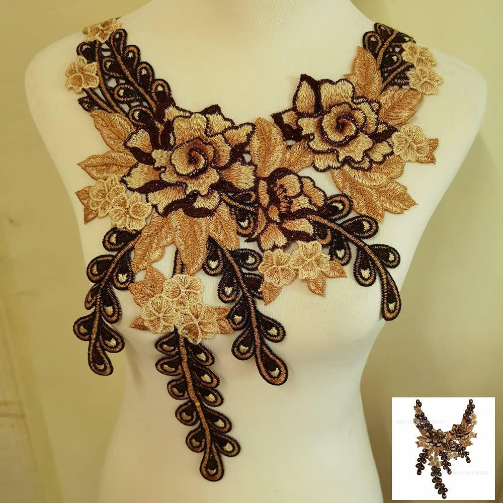 Yellow Embroidered Lace Neckline Collar Warm Tones Floral Brown Leaf Applique Patches Scrapbooking Embossed Sewing : Arts, Crafts & Sewing