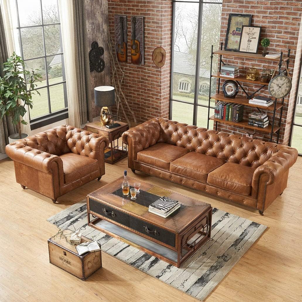 ANTIQUE WOOD ART Modern & Classic 4 Seater Lathreratte Tufted 3+1=4 Chesterfield Sofa for Living Room, Dining Room, Hallway and Office=(Brown).