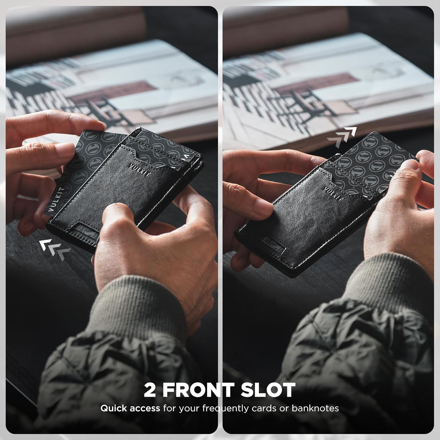 VULKIT Credit Card Holder RFID Blocking Slim Leather Front Pocket Mens Wallet Bank Card Holder Quick Access with 10 Slot and Money Band for Bills or Receipt, Palm-Size Wallet, Black, 10.9 x 7.3 x 1.6 - Image 2