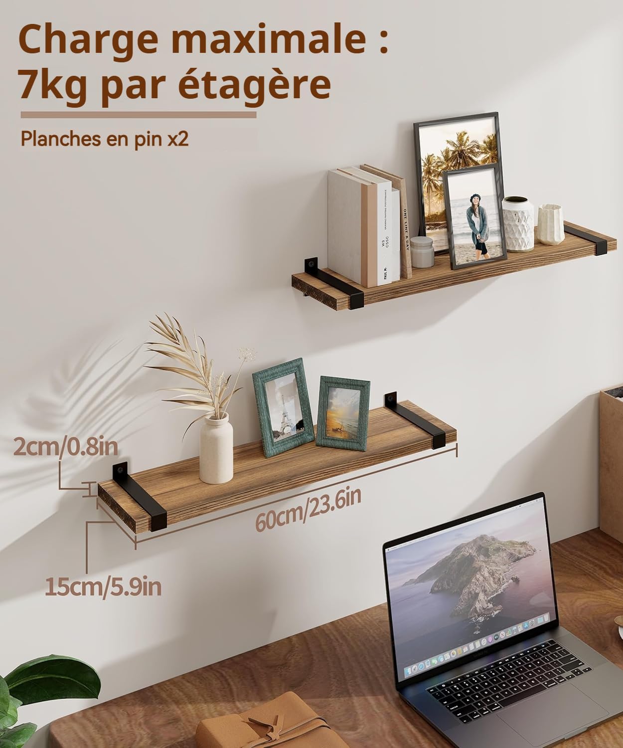 Gronda Estantería de Pared Larga, Baldas de Madera Marrón con Soporte Metal | 60cm Estantes de Pared Juego de 2, Repisa, Almacenaje, Decoración, Balda Flotante para Fotos, Plantas, para Salón