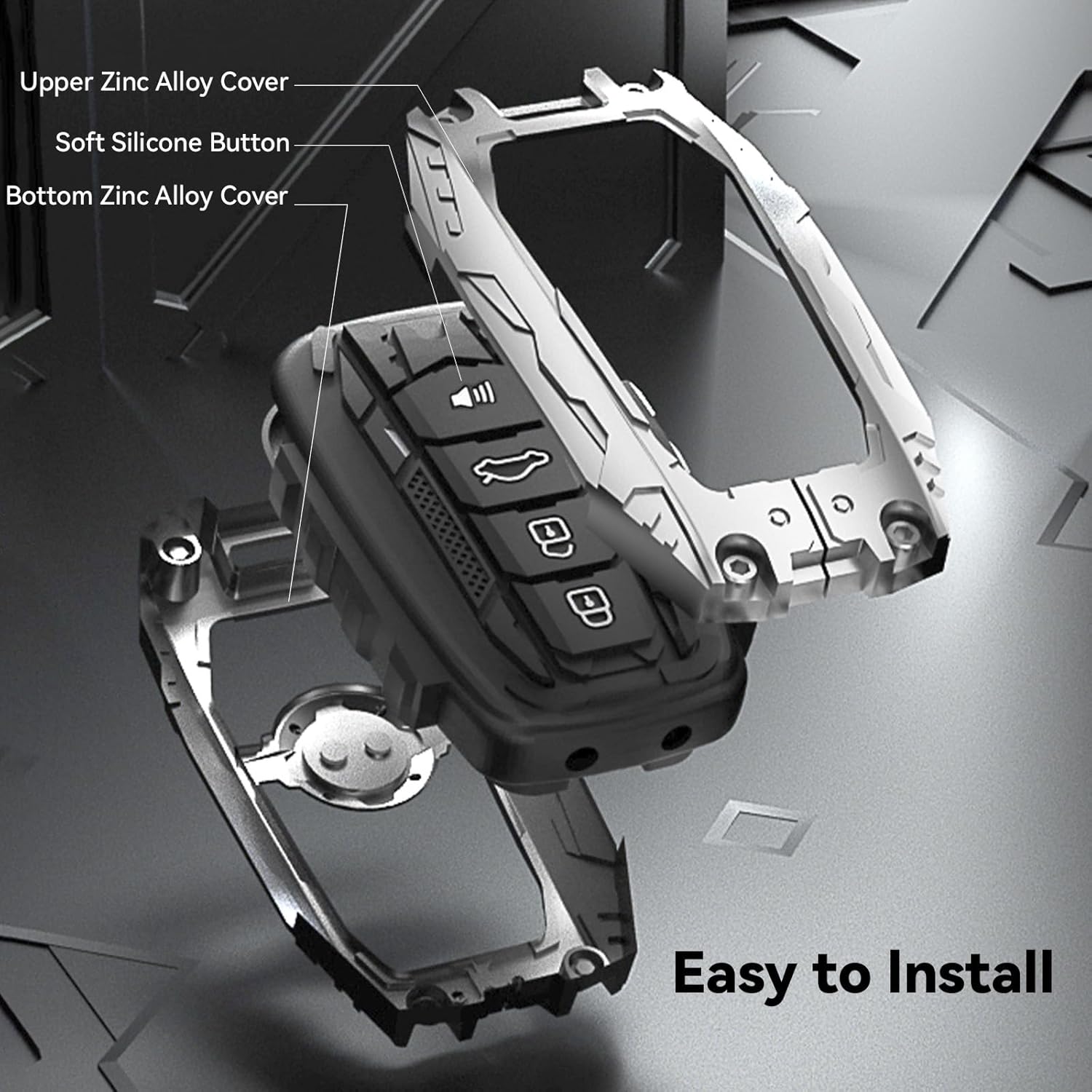 Mech Style Heavy Metal Key Fob Cover, Compatible with Toyota Tundra 2022 2023 2024 2025~, Fit for Corolla Cross Venza Sequoia etc, Zinc Alloy Key Case Protector (1 Pcs, E-Style, Silver)