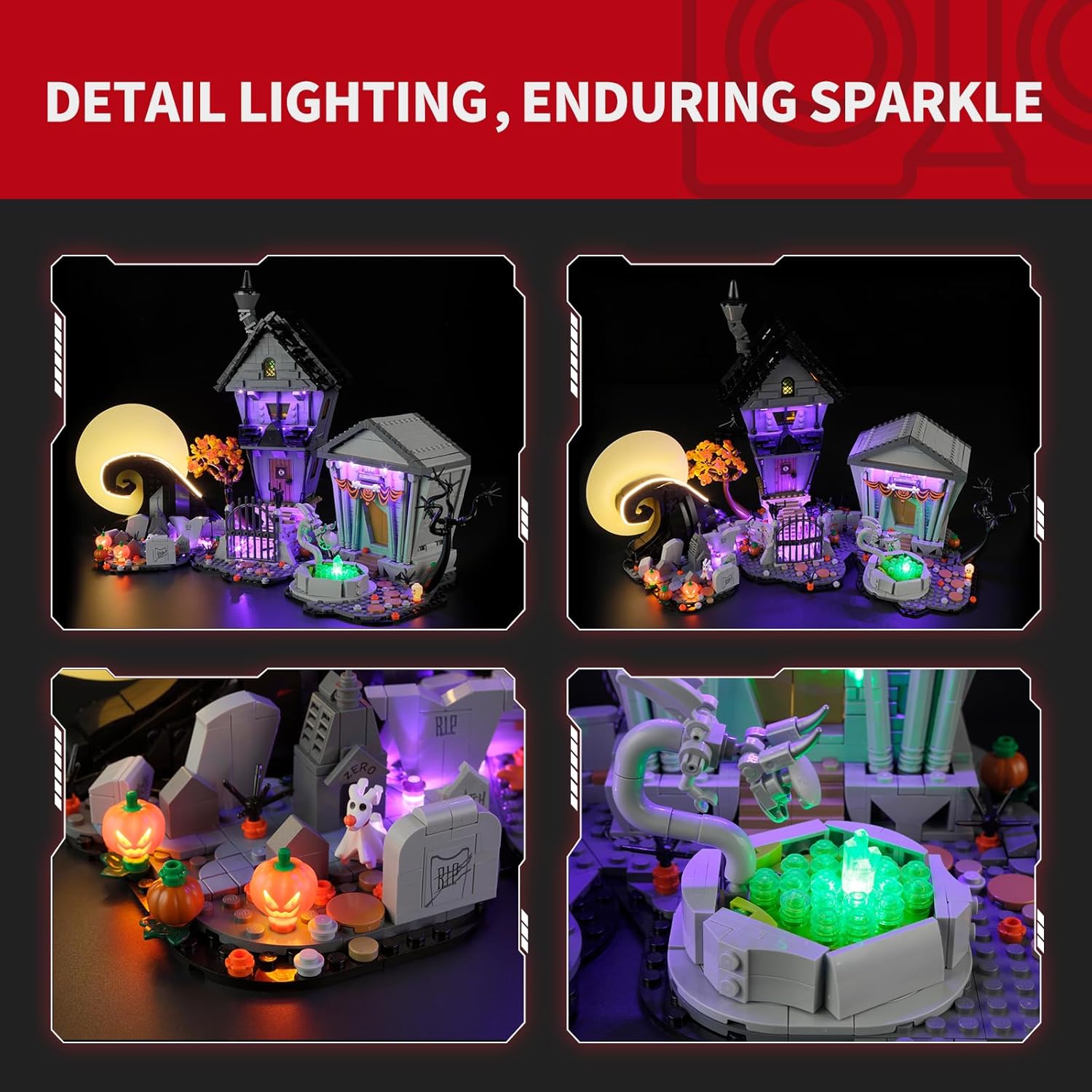 Close-up views of the illuminated Lego set, showcasing detailed lighting effects on various sections like pumpkins, graves, and building interiors.