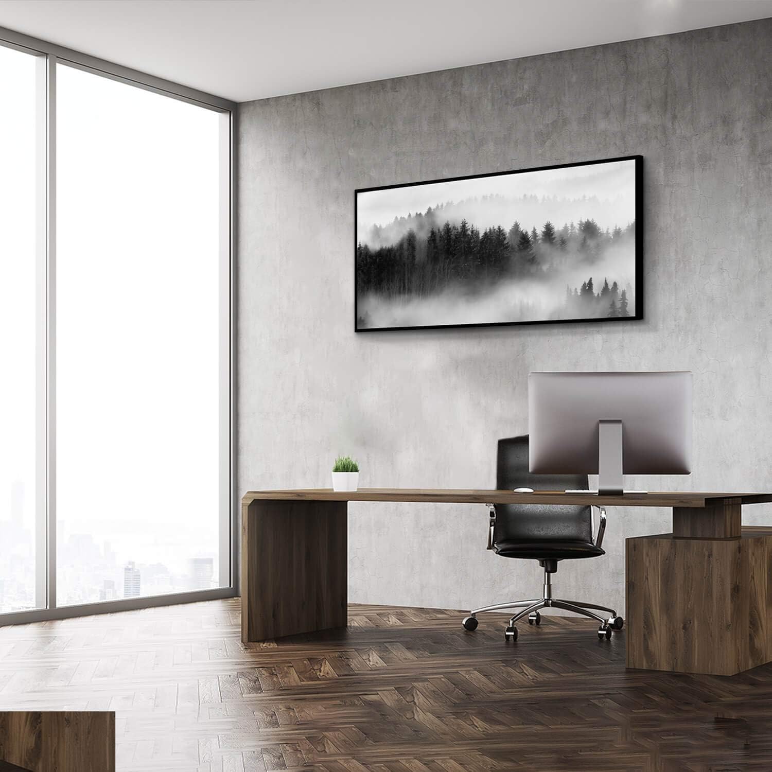 Foggy Forest Framed Wall Art: Landscape Canvas Print Black & White Picture Artwork for Wall (48''W x 24''H)