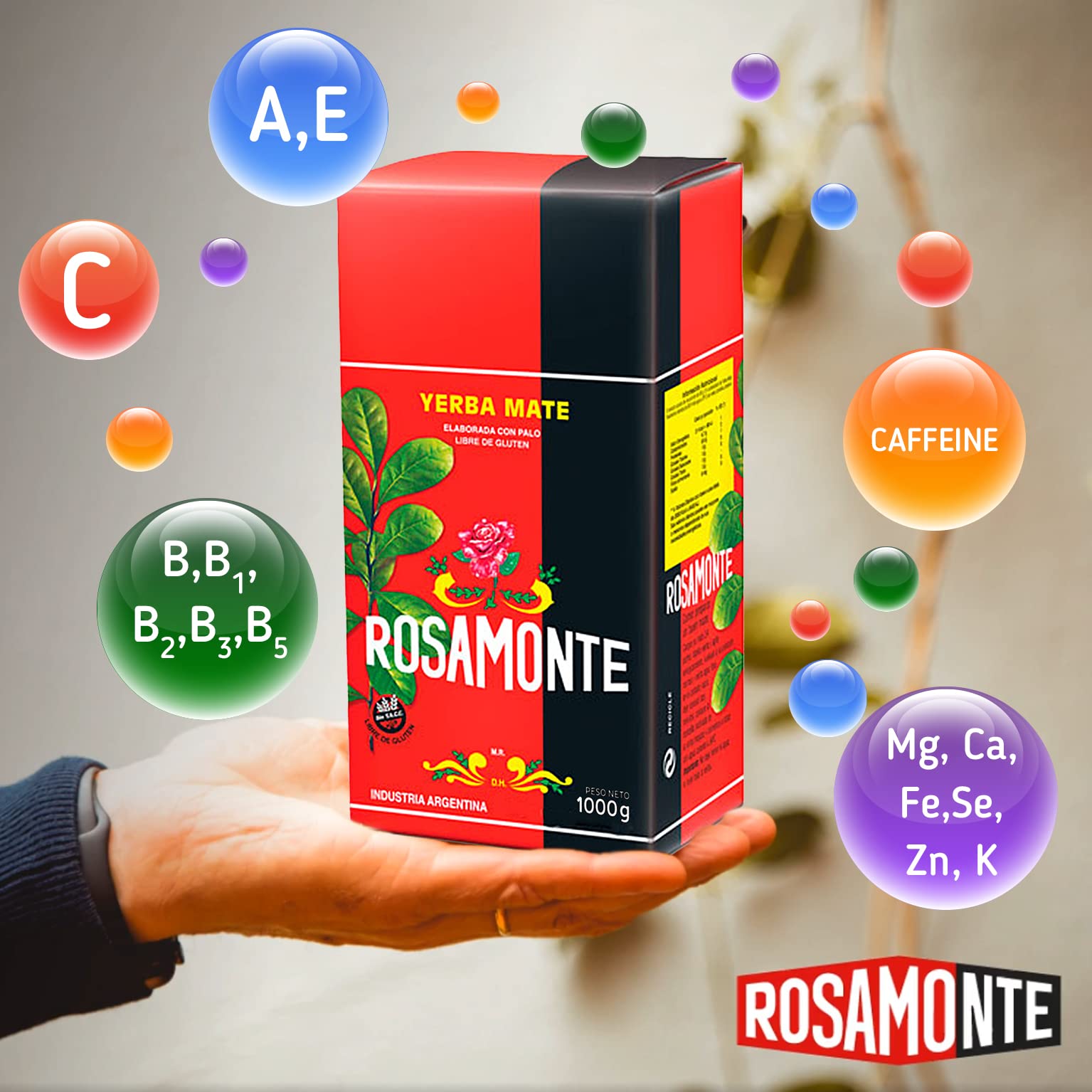 Rosamonte Yerba Mate Herbata Tradycyjny 3kg (1000g x 3) + Próbka (40g):Bogaty w antyoksydanty i witaminy, przyspiesza przemianę materii, bez cukru | Argentyna