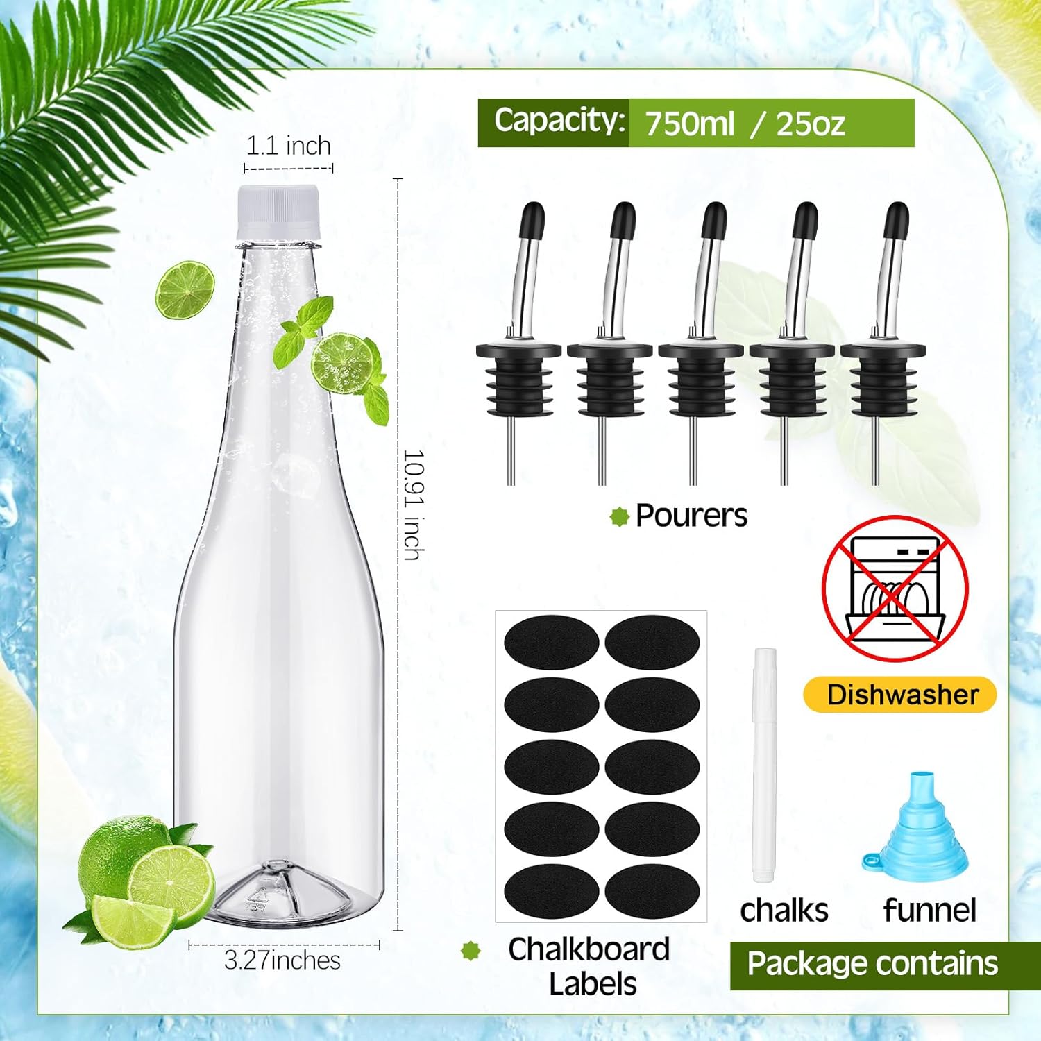 Dandat 10 Set 25 oz Plastic Long Neck Bottles with Pourer and Caps Plastic Juice Pour Bottles with Stainless Steel Bottle Pourer Tapered Spout for Liquor Juice Store