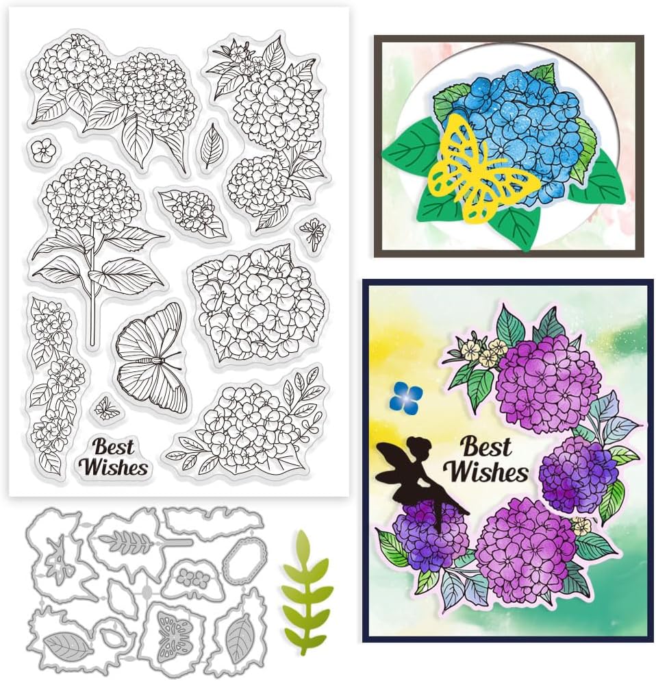 GLOBLELAND Hydrangea Clear Stamp and Cutting Dies Set for Card Making Spring Flowers Butterfly Silicone Clear Stamp Metal Plants Leaves Die Cuts for DIY Scrapbooking Photo Album