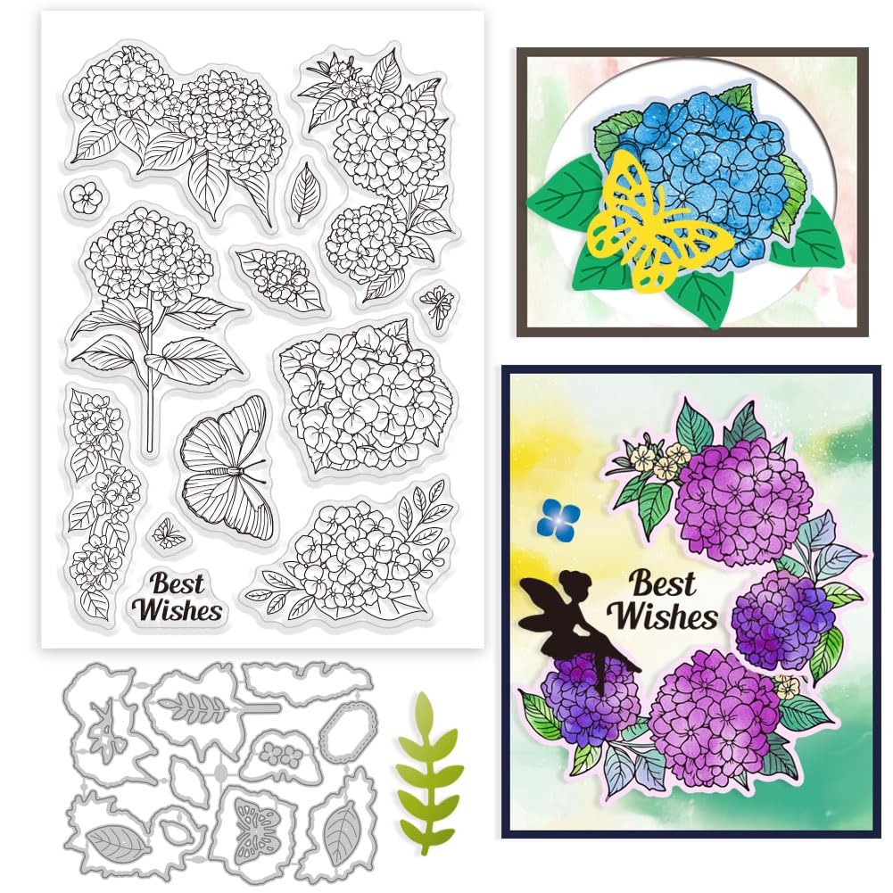 GLOBLELAND Hydrangea Clear Stamp and Cutting Dies Set for Card Making Spring Flowers Butterfly Silicone Clear Stamp Metal Plants Leaves Die Cuts for DIY Scrapbooking Photo Album