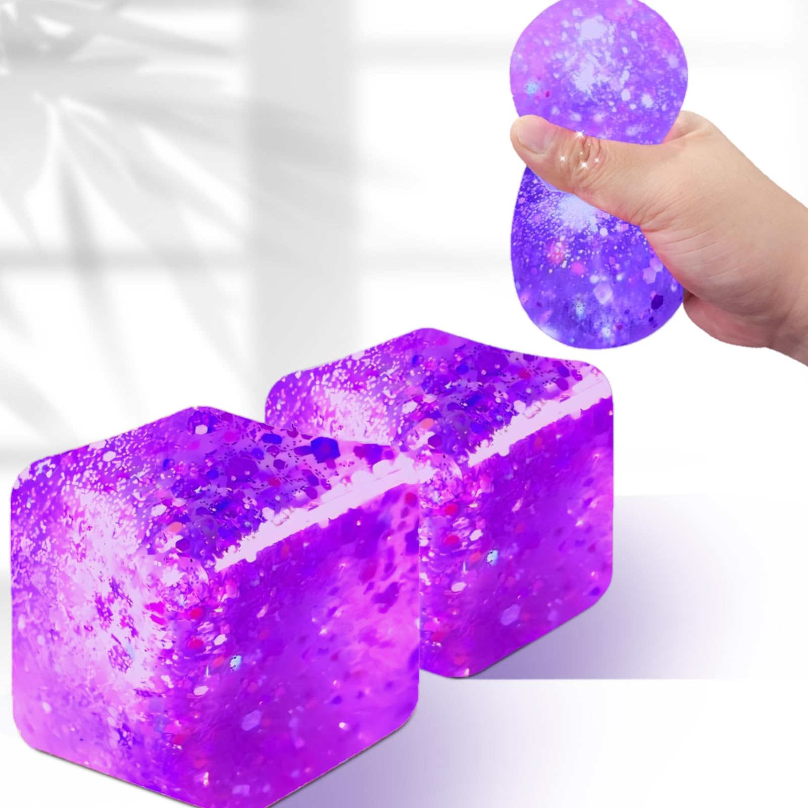 2Pack Glitter Squishy Cube - Slow Rise Nice Sugar Stress Cube Gel Stress Balls for Adults, Glitter Squishy Balls for Kids, Stress Relief/Classroom Fidget/Treasure Box Prizes(Purple)