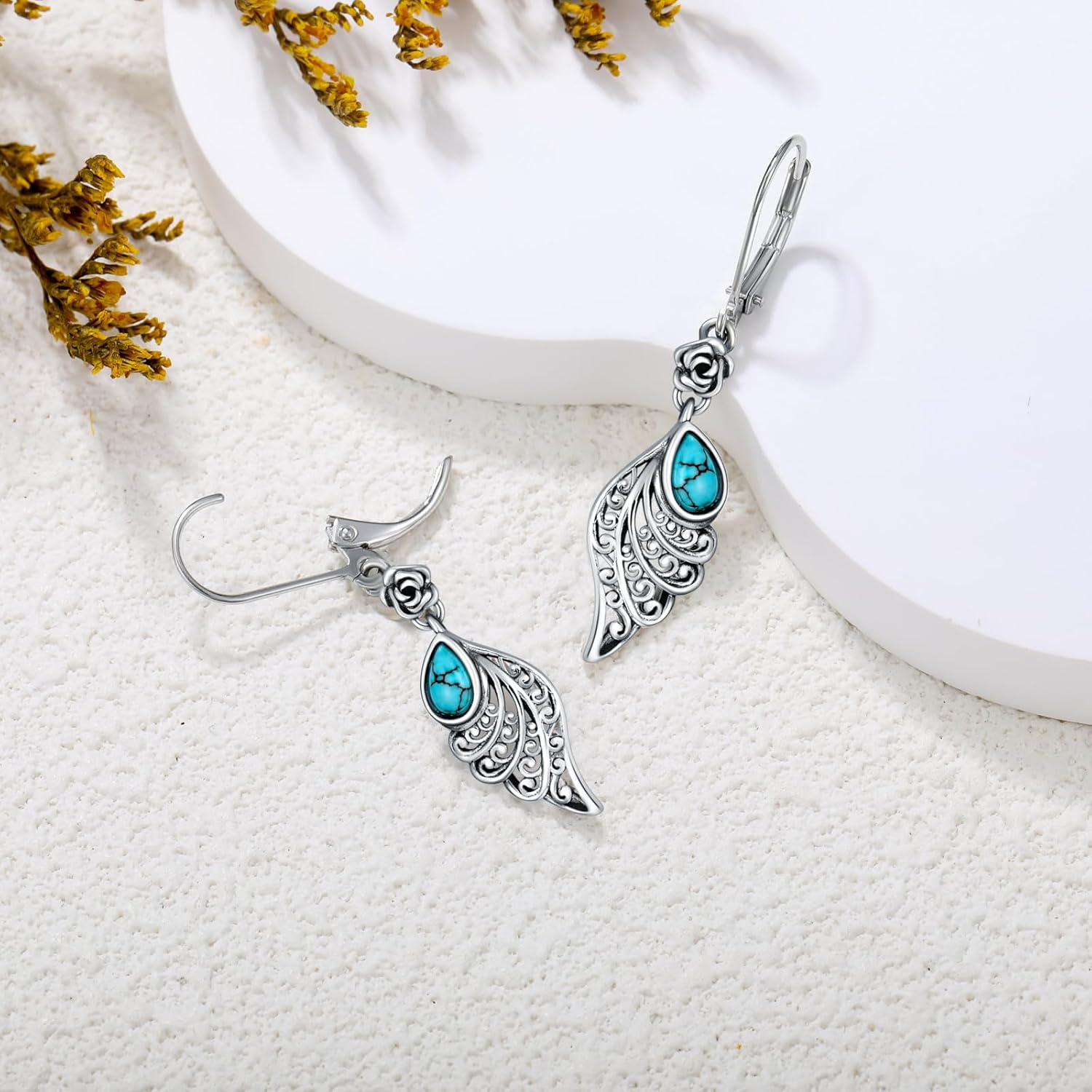 Vintage Filigree Turquoise Dangle Earrings 925 Sterling Silver Oxidized 4 * 6mm Teardrop Genuine Turquoise Earrings Jewelry Gift for Women - Image 2